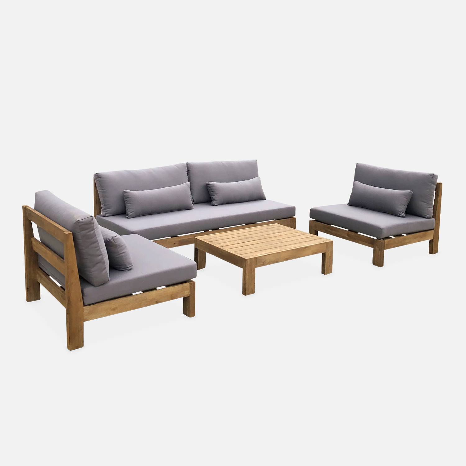 Conjunto de mobiliário de jardim XXL em madeira escovada, efeito branqueado - BAHIA - almofadas antracite, ultra confortável, 5 a 7 lugares Photo2