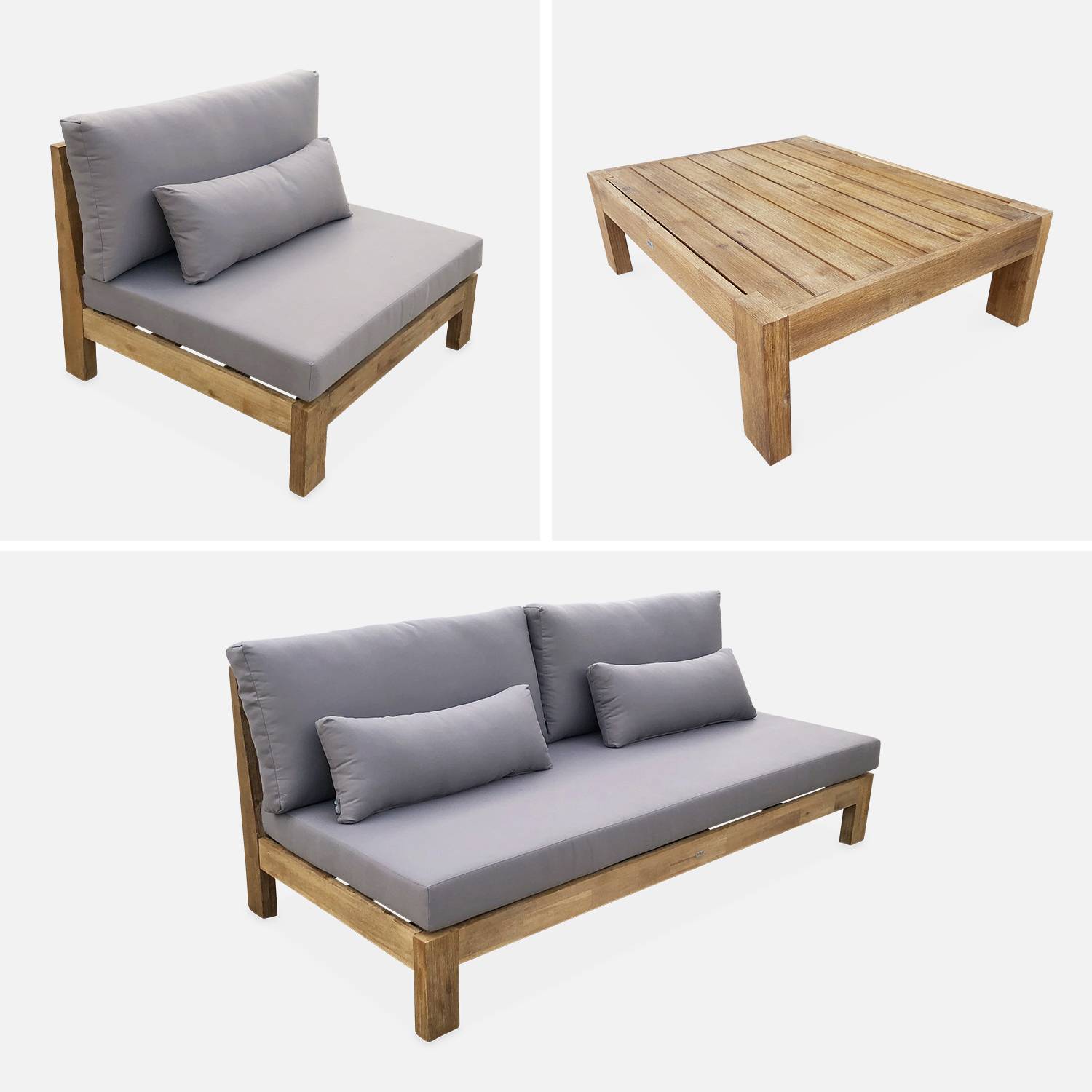 Conjunto de mobiliário de jardim XXL em madeira escovada, efeito branqueado - BAHIA - almofadas antracite, ultra confortável, 5 a 7 lugares Photo6