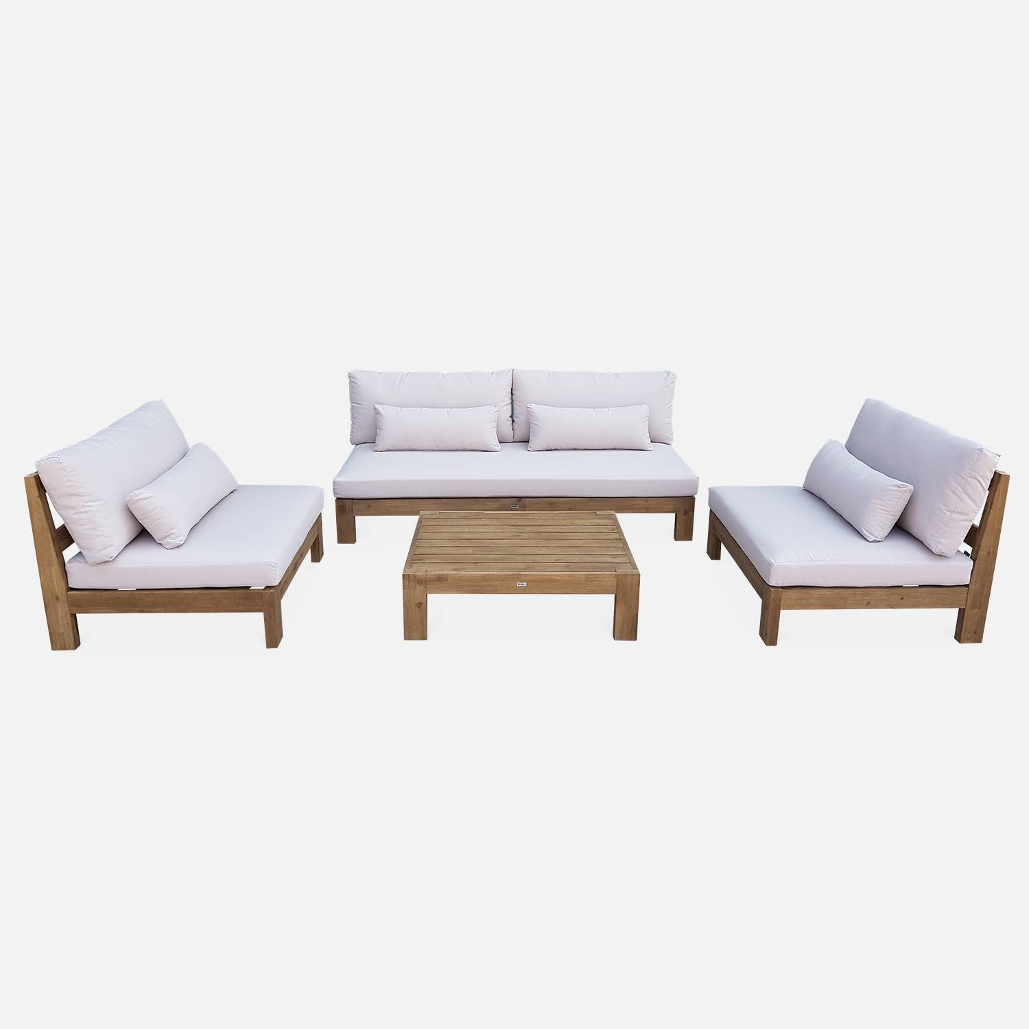 Salon de jardin XXL en bois brossé, effet blanchi – BAHIA – coussins beiges, ultra confortable, 5 places Photo3