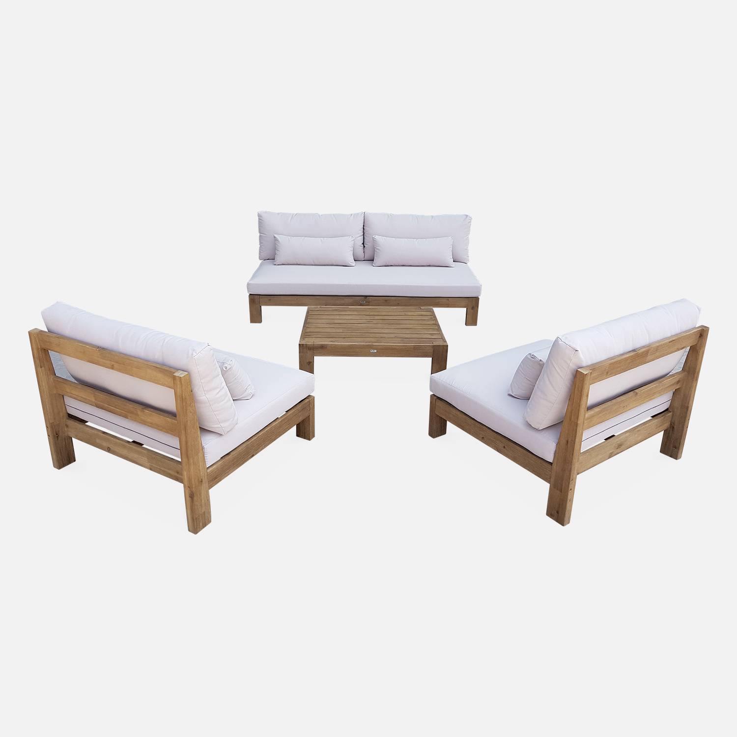 Salon de jardin XXL en bois brossé, effet blanchi – BAHIA – coussins beiges, ultra confortable, 5 places Photo4