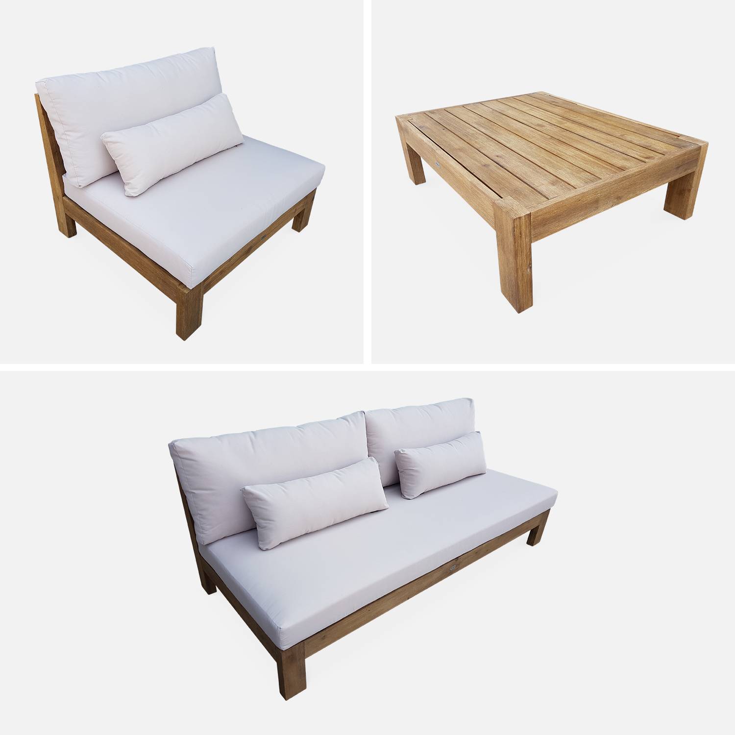 XXL Gartenmöbel aus gebürstetem Holz, gebleichter Effekt - BAHIA - beige Kissen, extrem bequem, 5 bis 7 Plätze Photo7