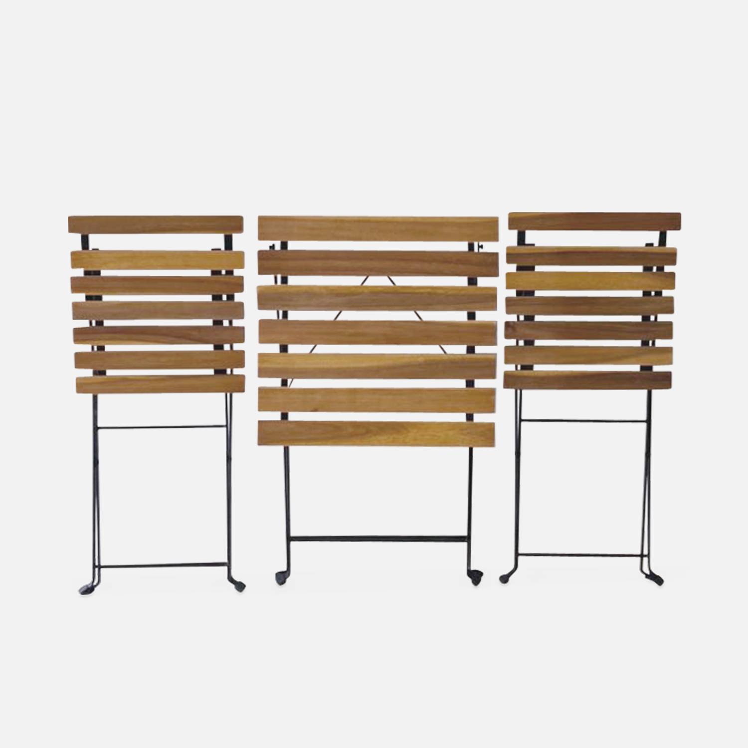 Mesa de jardim bistrô em madeira de acácia e metal, 55 x 54 cm, 2 cadeiras dobráveis Photo6 Mesa de jardim bistrô em madeira de acácia e metal, 55 x 54 cm, 2 cadeiras dobráveis Photo6