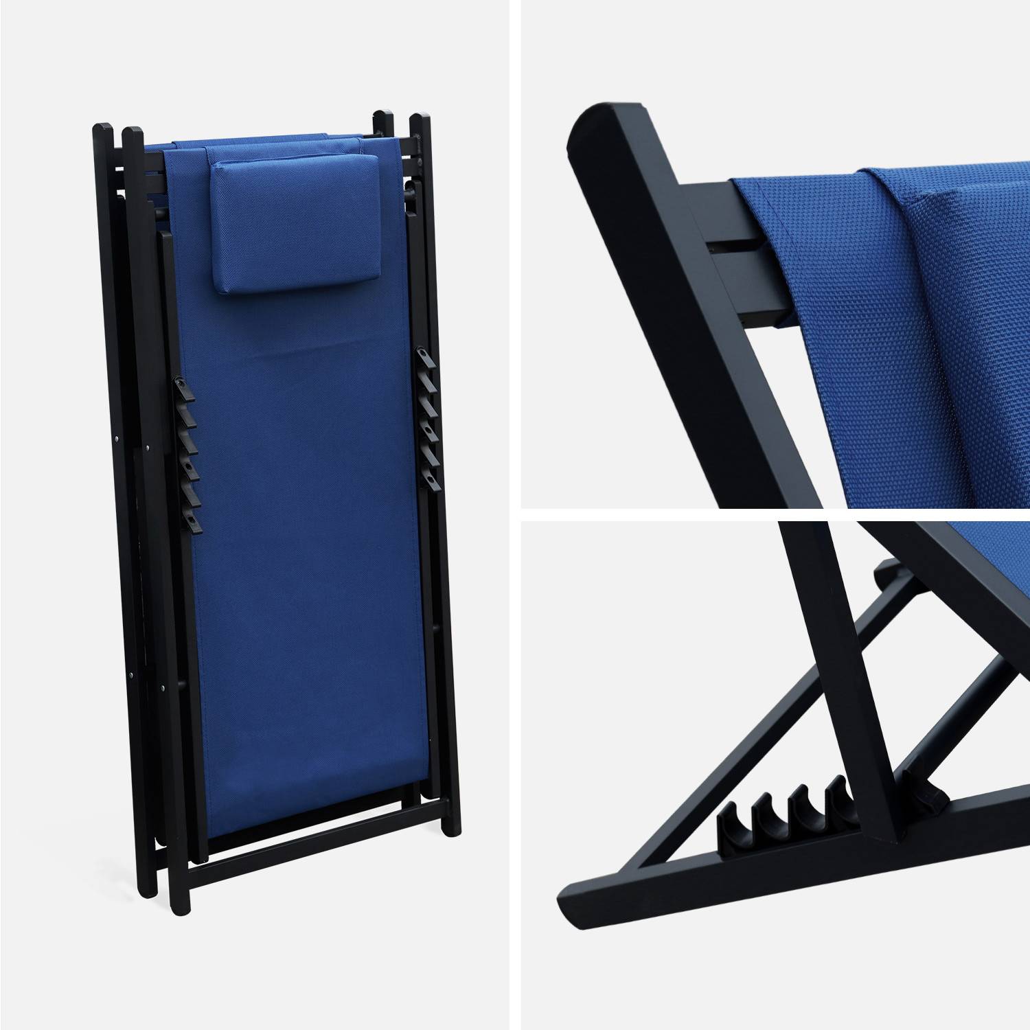 2er Set Sonnenliegen - nachtblau - Liegestuhl aus Aluminium und Textilene mit Kopfstützenkissen, Liegesessel klappbar - Gaia  Photo4