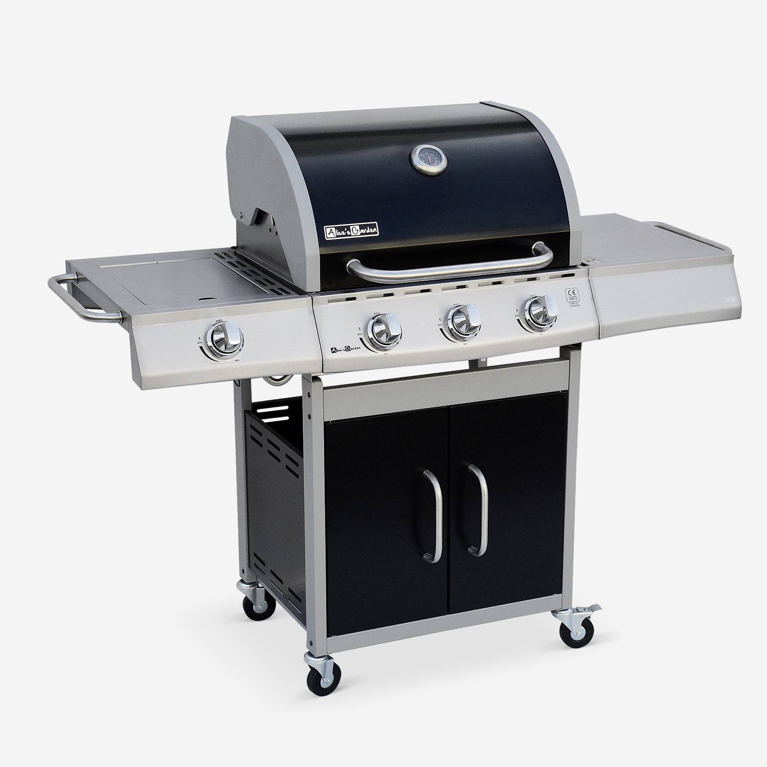 Barbecue gaz inox 14kW – Richelieu noir – Barbecue 4 brûleurs dont 1 feu latéral, côté grill et côté plancha, housse de protection incluse Photo4