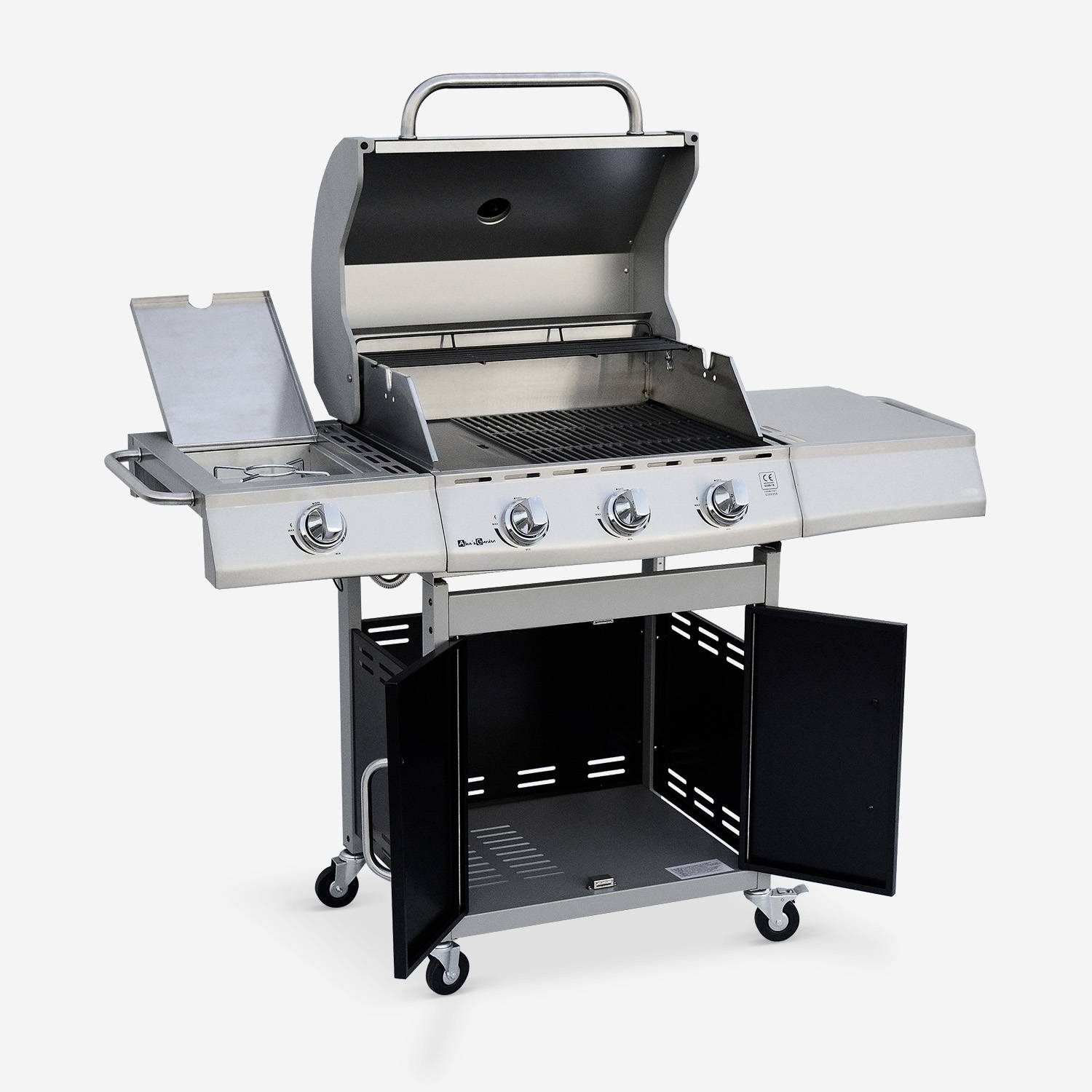 Barbecue gaz inox 14kW – Richelieu noir – Barbecue 4 brûleurs dont 1 feu latéral, côté grill et côté plancha, housse de protection incluse Photo5