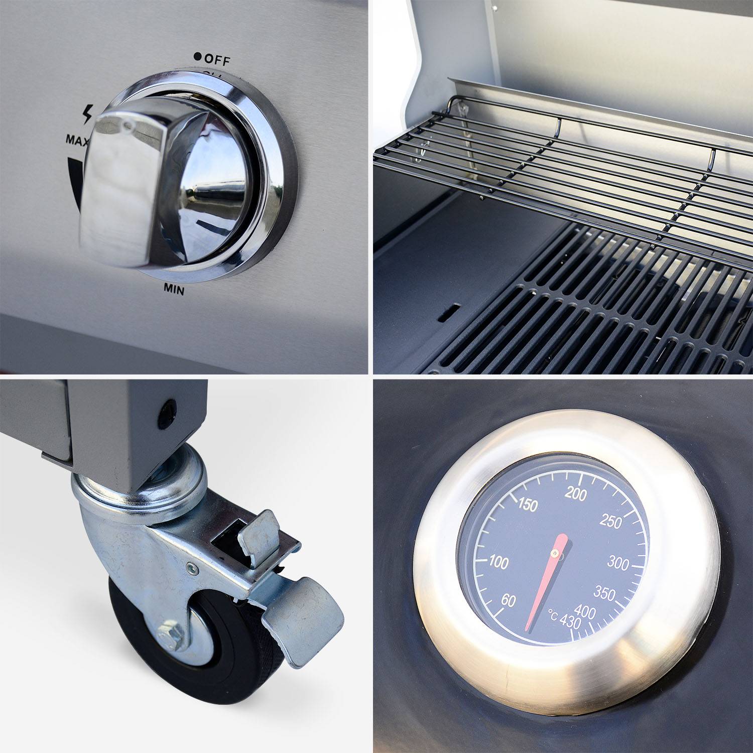 Barbecue gaz inox 14kW – Richelieu noir – Barbecue 4 brûleurs dont 1 feu latéral, côté grill et côté plancha, housse de protection incluse Photo7