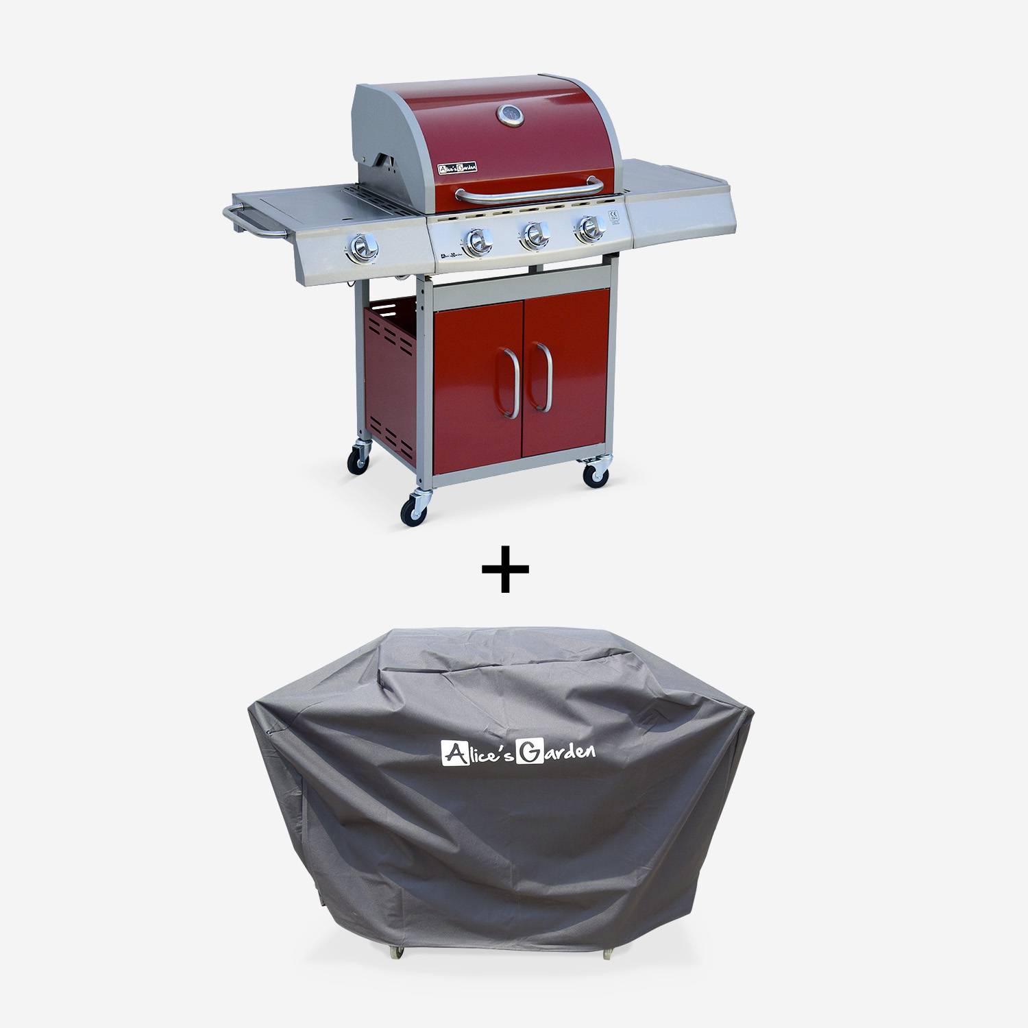 Barbecue gaz inox 14kW – Richelieu rouge – Barbecue 3 brûleurs + 1 feu latéral, côté grill et côté plancha, housse de protection incluse Photo3