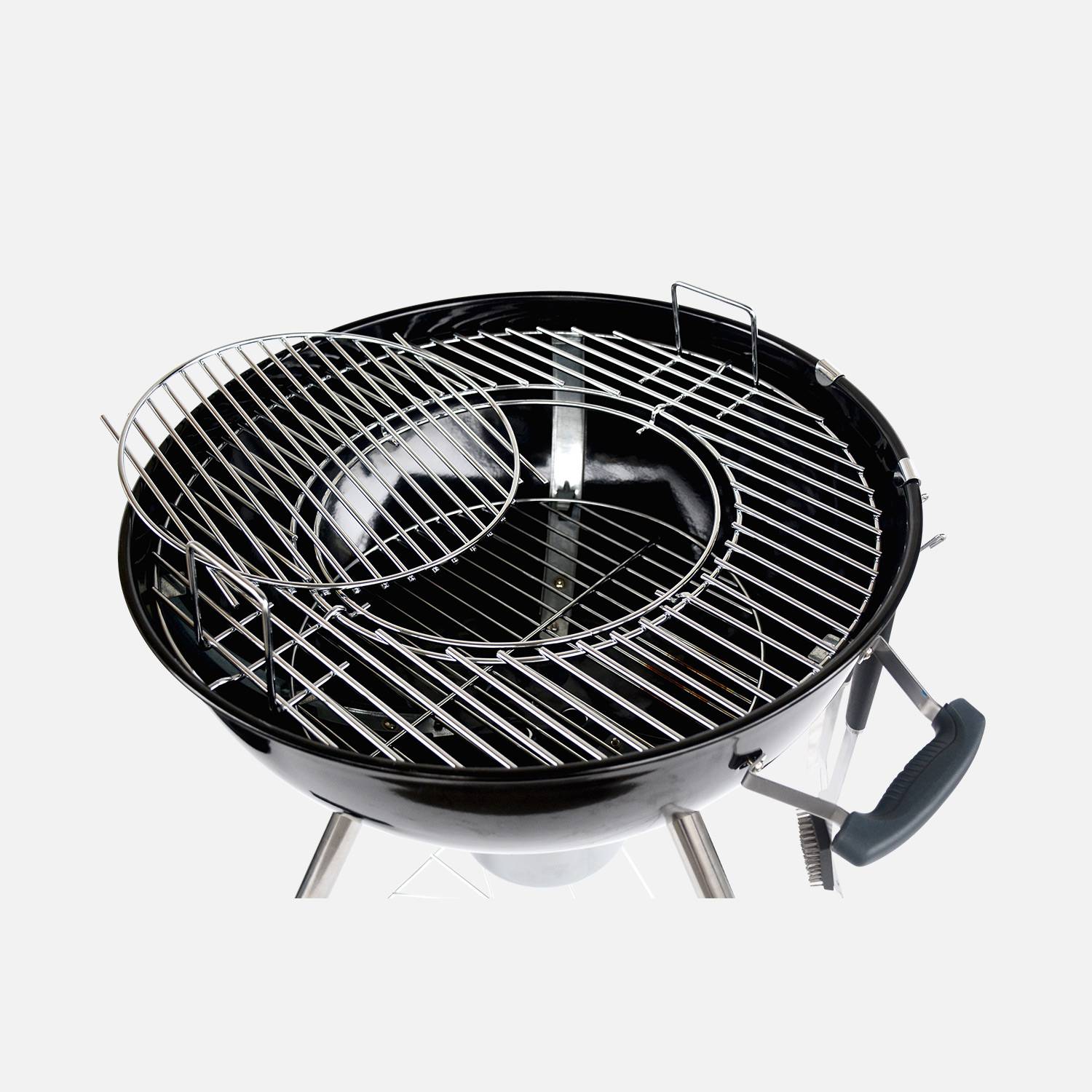 Barbecue PREMIUM charbon de bois Ø57cm, Charles + accessoires - noir émaillé, avec grille amovible, aérateurs, fumoir, récupérateur de cendres, housse, rack et ustensiles + souffleur offert Photo9
