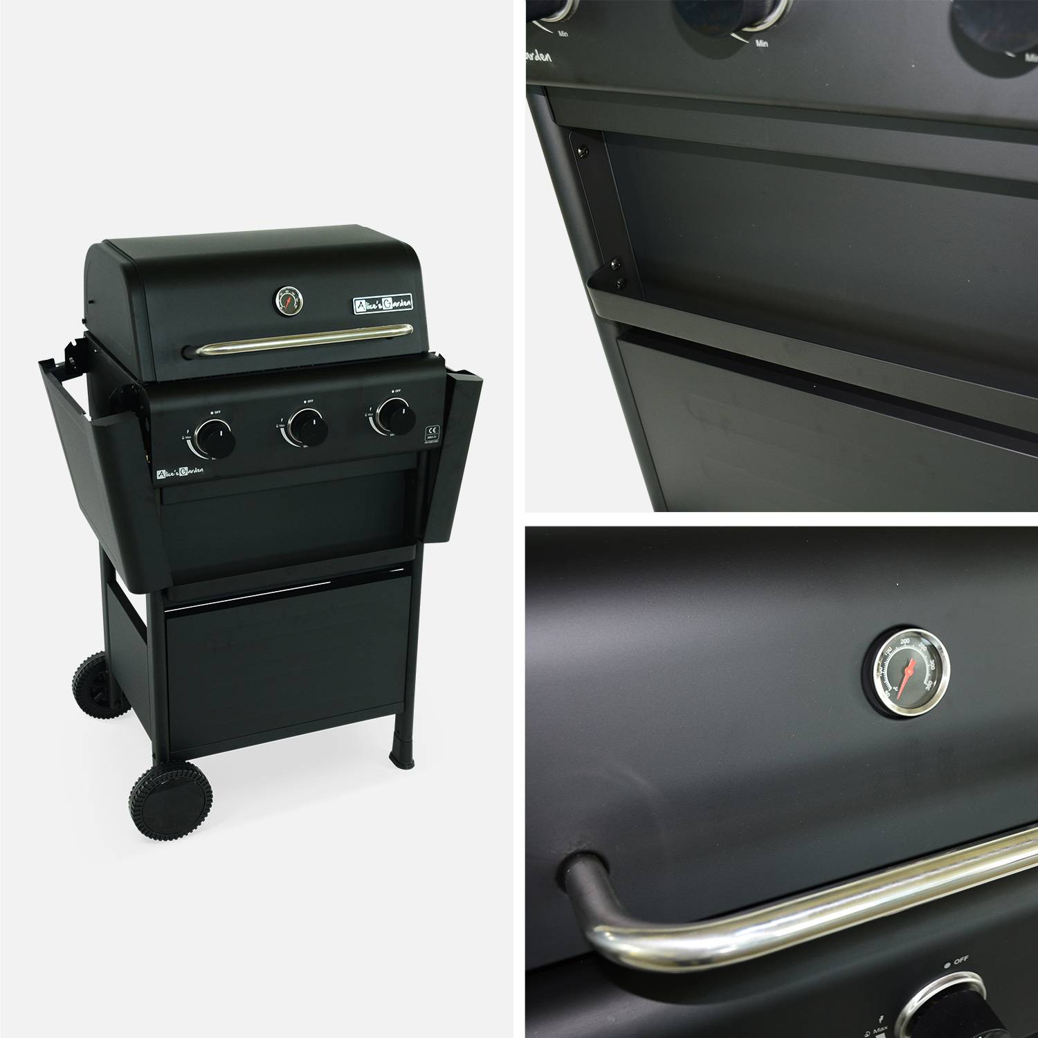 Barbecue gaz 3 brûleurs, tablettes rabattables - Bonacieux - noir, avec rangement + Connecteur gaz G1/2 inclus Photo3