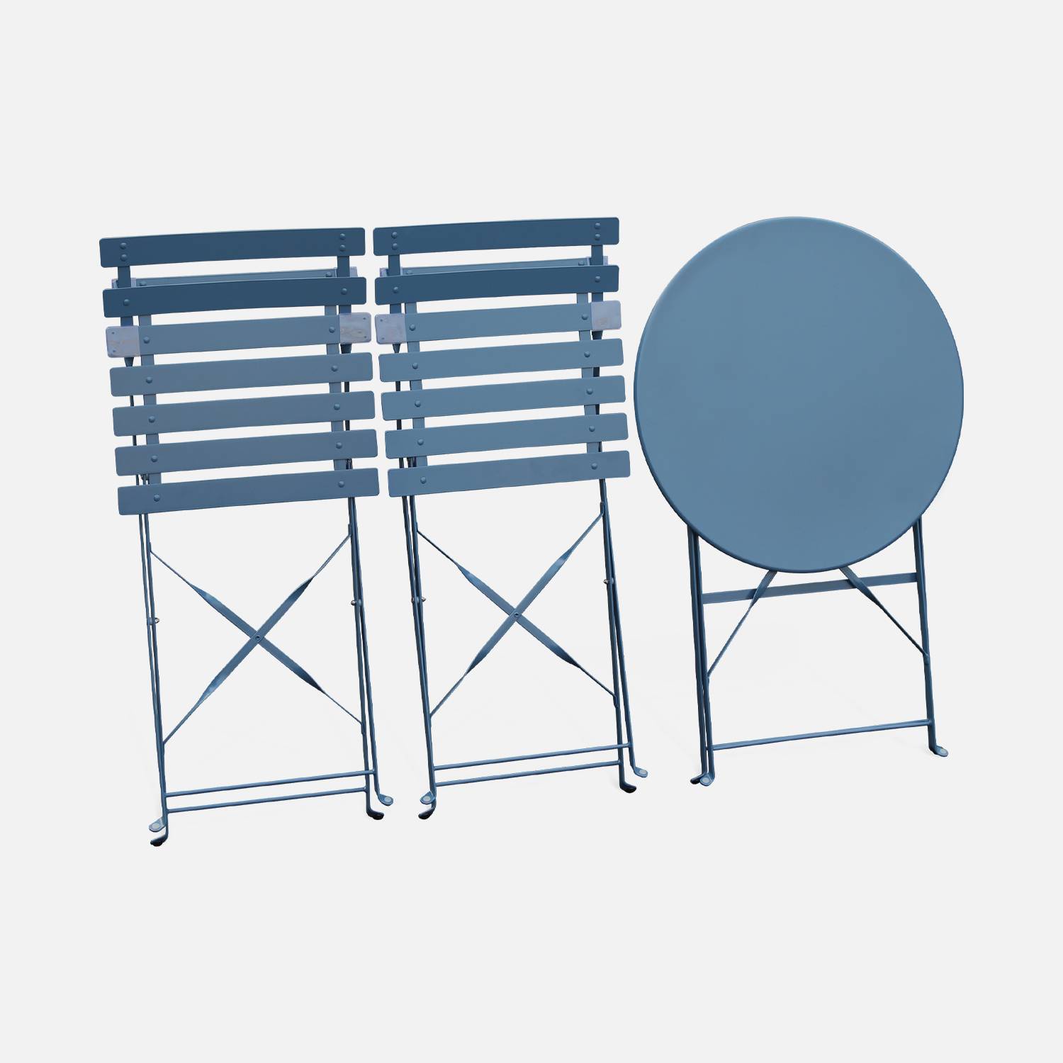 Set da giardino, tavolo bistrot rotondo pieghevole 60cm, modello: Emilia.  Colore: Blu grigio, due sedie, acciaio termolaccato