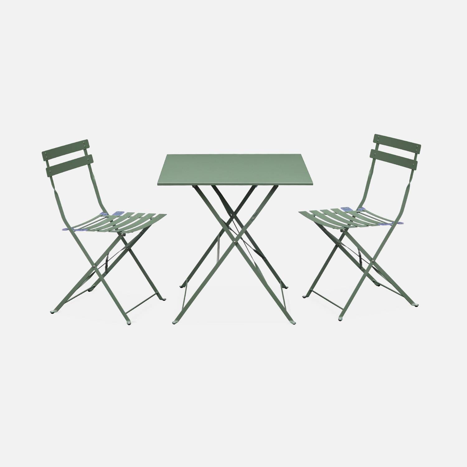 Emilia - Bistroset - 2 inklapbare stoelen en een vierkante tafel 70x70 van gepoedercoat staal  – Groengrijs Photo1