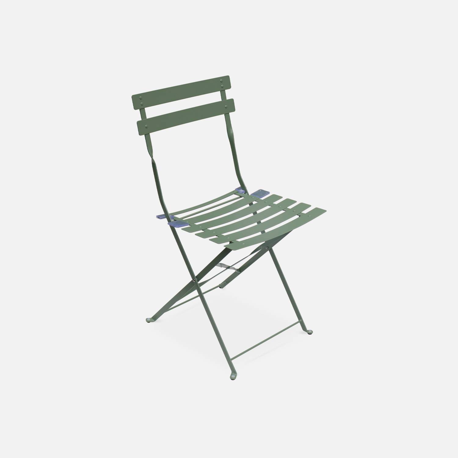 Emilia - Bistroset - 2 inklapbare stoelen en een vierkante tafel 70x70 van gepoedercoat staal  – Groengrijs Photo4