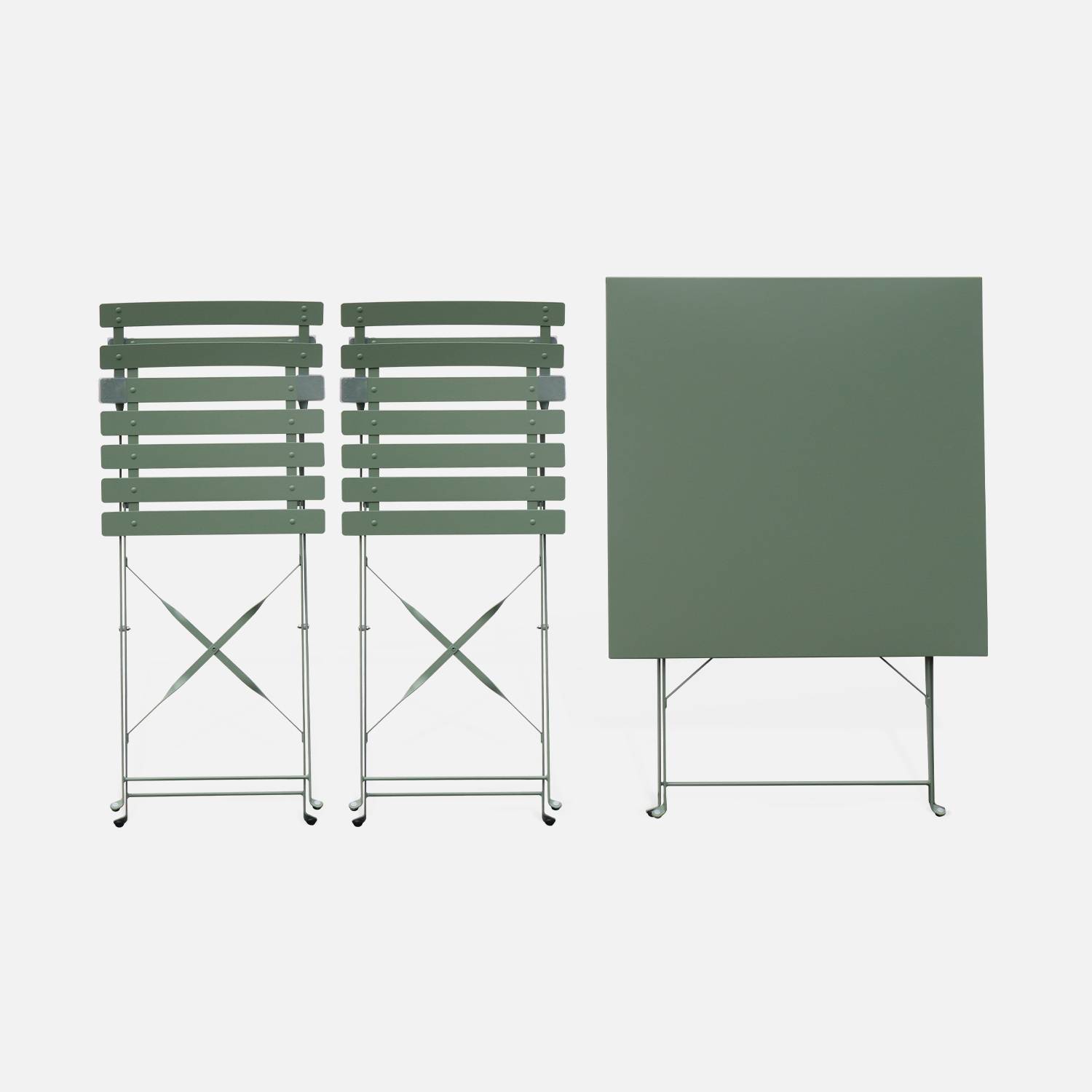 Set da giardino, bar bistrò, pieghevole - modello: Emilia, quadrato, colore: Verde grigio - Tavolo quadrato, dimensioni: 70x70cm, con due sedie pieghevoli, acciaio termolaccato, sedie con lame curve Photo6