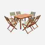 Salon de jardin en bois extensible - Almeria - Table 120/180cm avec rallonge, 2 fauteuils et 4 chaises, en bois d'Eucalyptus FSC huilé et textilène gris taupe Photo2
