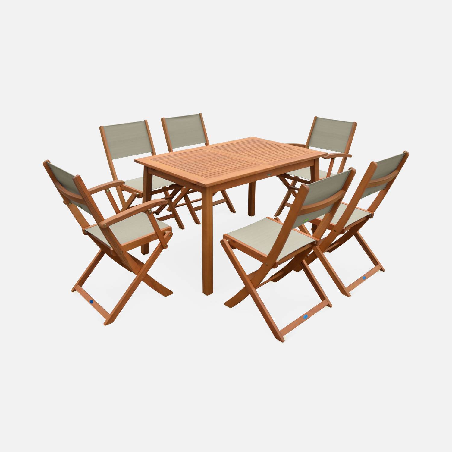 Salon de jardin en bois extensible - Almeria - Table 120/180cm avec rallonge, 2 fauteuils et 4 chaises, en bois d'Eucalyptus FSC huilé et textilène gris taupe Photo2