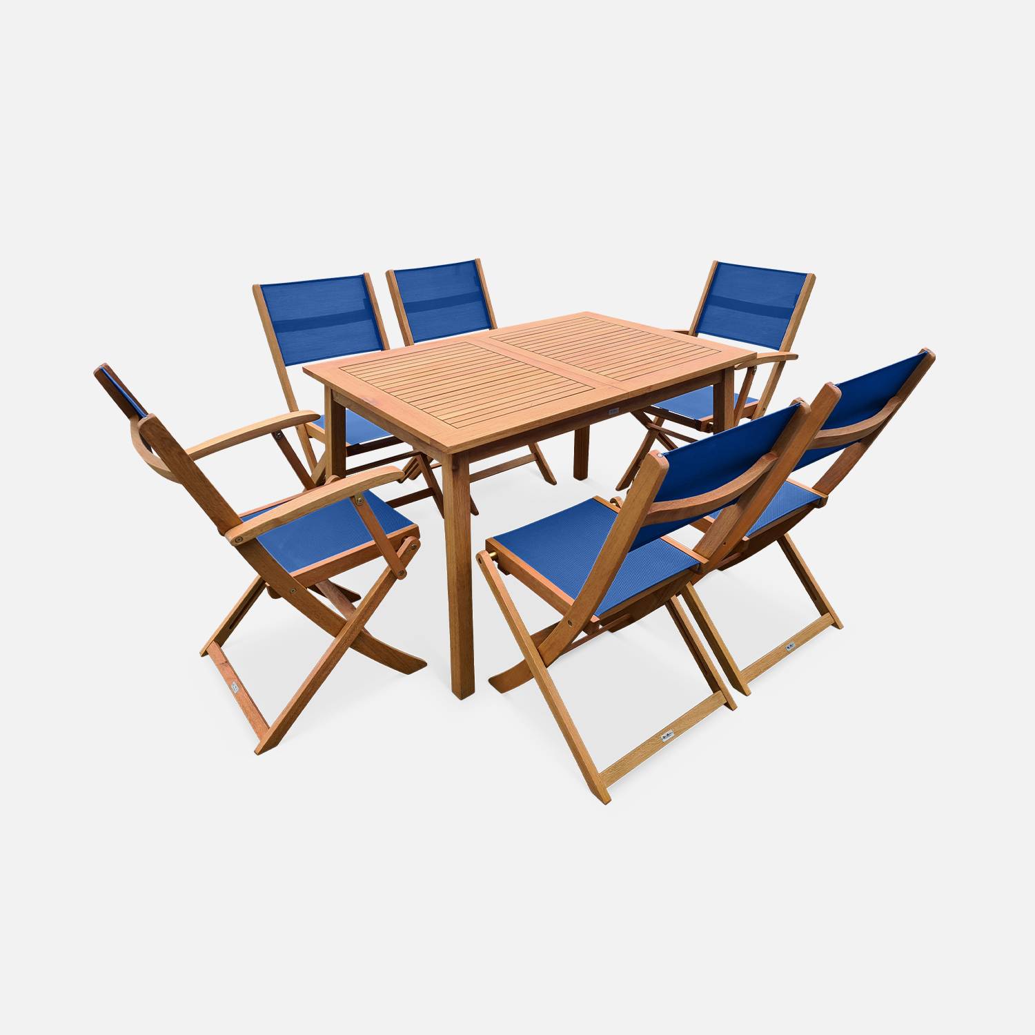 Salon de jardin en bois extensible - Almeria - Table 120/180cm avec rallonge, 2 fauteuils et 4 chaises, en bois d'Eucalyptus FSC huilé et textilène bleu nuit Photo2