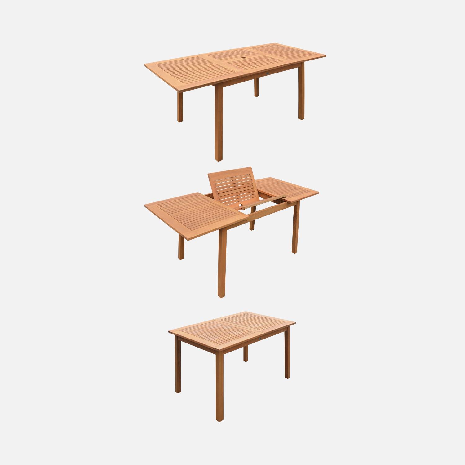 Salon de jardin en bois extensible - Almeria - Table 120/180cm avec rallonge, 2 fauteuils et 4 chaises, en bois d'Eucalyptus FSC huilé et textilène bleu nuit Photo3