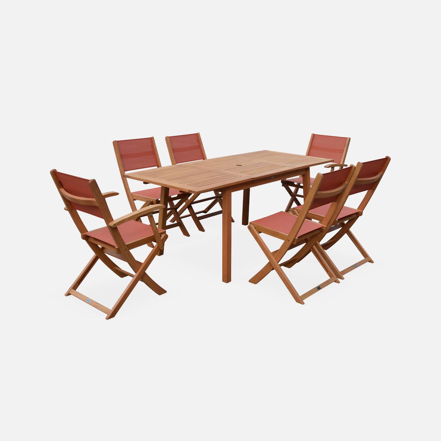 Salon de jardin en bois Almeria, table 120-180cm rectangulaire, 2 fauteuils, 4 chaises eucalyptus FSC et textilène terra cotta