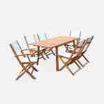 Ausziehbare Gartenmöbel aus Holz - Almeria - Tisch 120/180 cm mit Verlängerung, 2 Sesseln und 4 Stühlen aus geöltem FSC-Eukalyptusholz und weißes Textilene Photo1