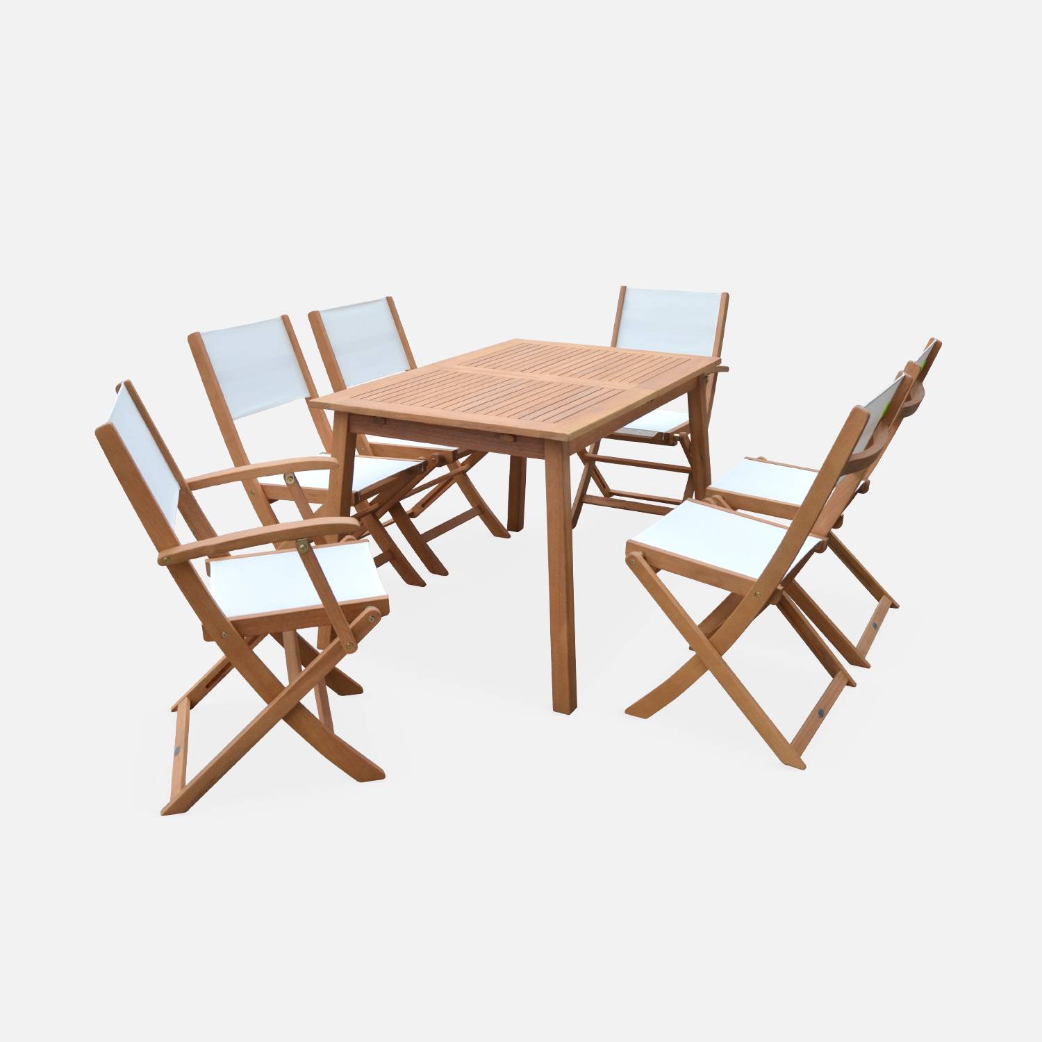 Ausziehbare Gartenmöbel aus Holz - Almeria - Tisch 120/180 cm mit Verlängerung, 2 Sesseln und 4 Stühlen aus geöltem FSC-Eukalyptusholz und weißes Textilene Photo3