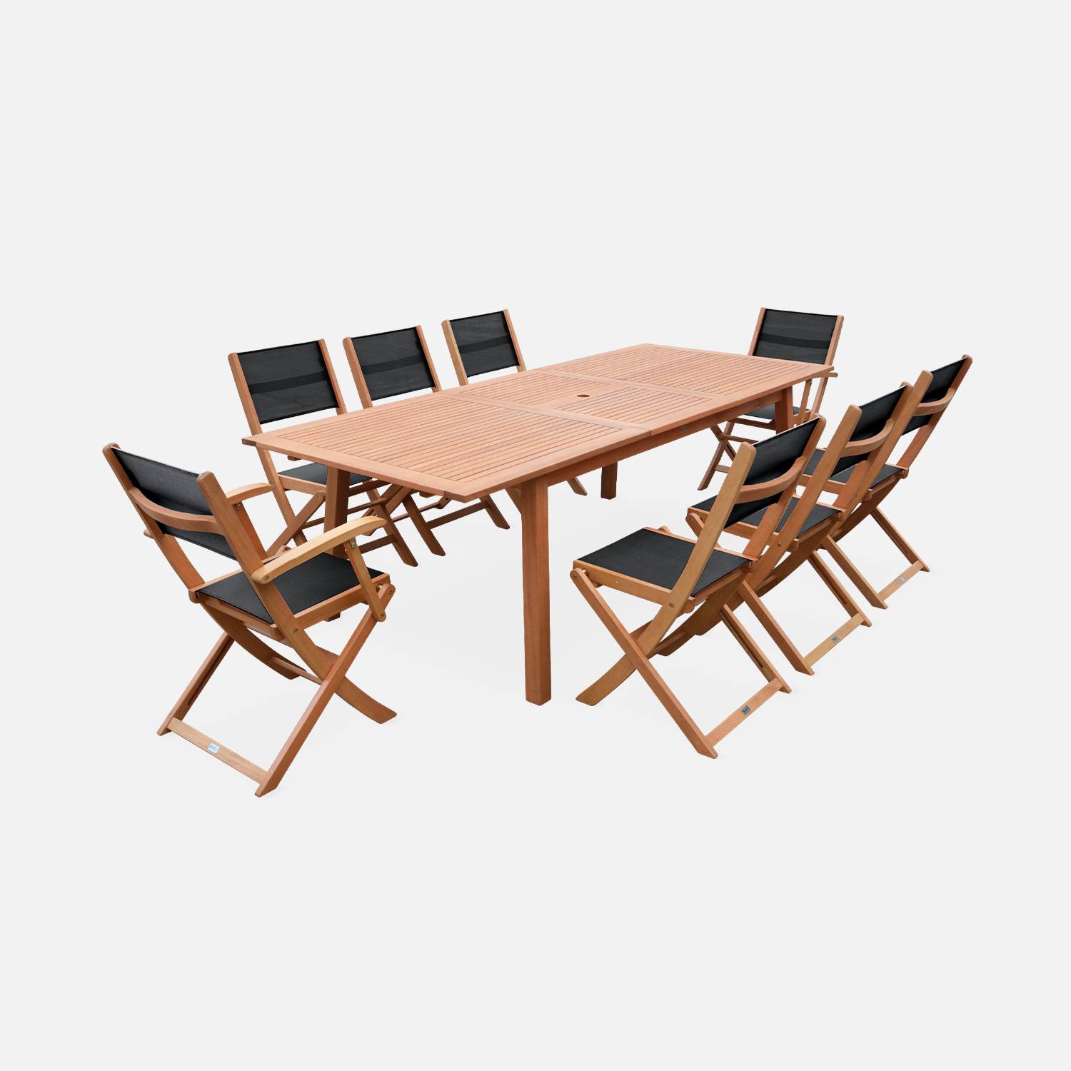 Salon de jardin en bois extensible - Almeria - table 180/240cm avec rallonge, 2 fauteuils et 6 chaises, en bois d'Eucalyptus FSC huilé et textilène noir Photo1