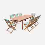 Ausziehbare Gartenmöbel aus Holz - Almeria - Tisch 180/240 cm mit Verlängerung, 2 Sesseln und 6 Stühlen aus geöltem FSC-Eukalyptusholz und grüngrauem Textilene Photo1
