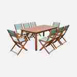 Ausziehbare Gartenmöbel aus Holz - Almeria - Tisch 180/240 cm mit Verlängerung, 2 Sesseln und 6 Stühlen aus geöltem FSC-Eukalyptusholz und grüngrauem Textilene Photo2