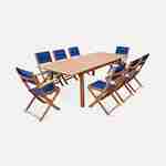 Ausziehbare Gartengarnitur aus Holz - Almeria - Großer Tisch 180/240 cm mit Verlängerung, 2 Sesseln und 6 Stühlen aus geöltem FSC-Eukalyptusholz und nachtblauem Textilene Photo1