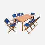 Ausziehbare Gartengarnitur aus Holz - Almeria - Großer Tisch 180/240 cm mit Verlängerung, 2 Sesseln und 6 Stühlen aus geöltem FSC-Eukalyptusholz und nachtblauem Textilene Photo2