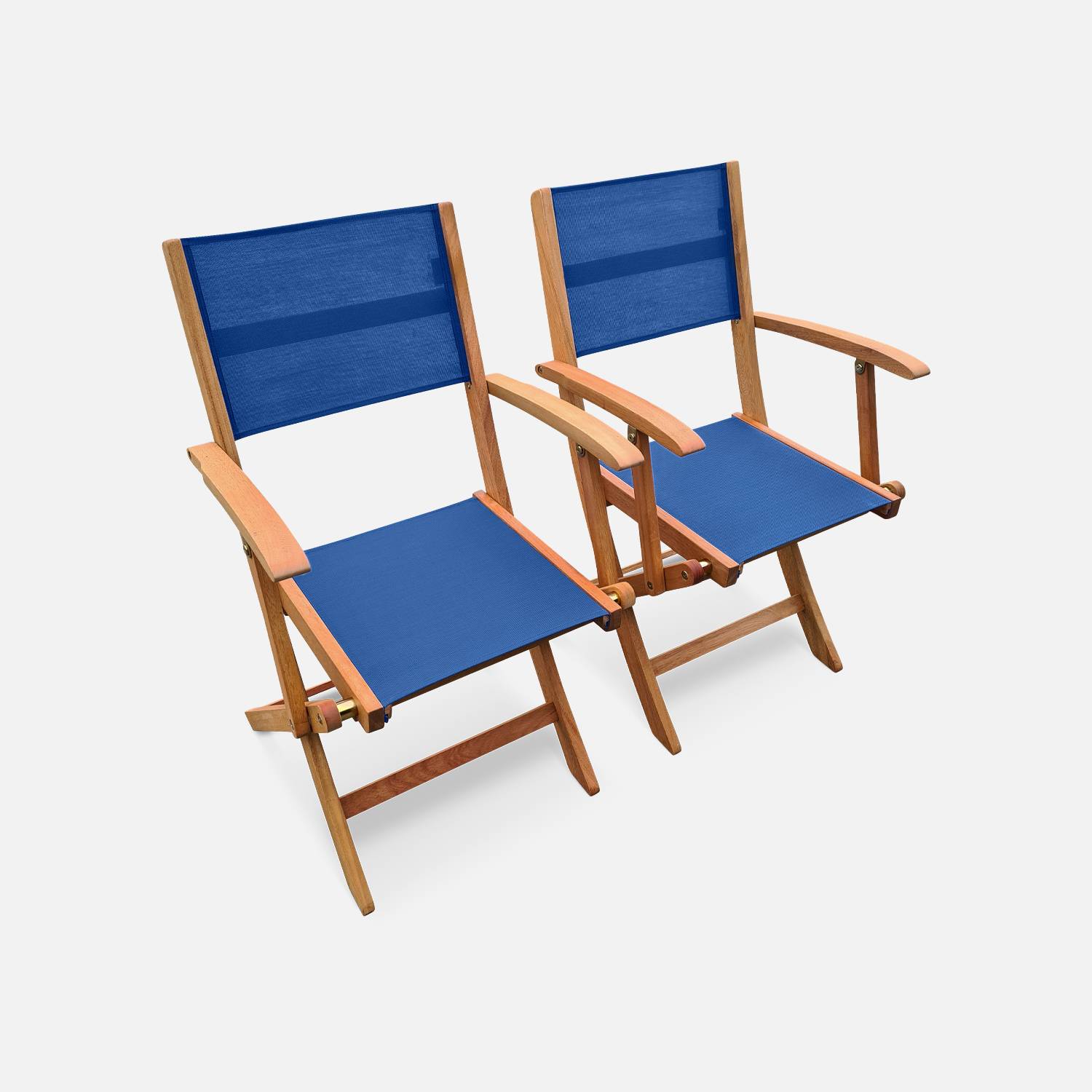 Ausziehbare Gartengarnitur aus Holz - Almeria - Großer Tisch 180/240 cm mit Verlängerung, 2 Sesseln und 6 Stühlen aus geöltem FSC-Eukalyptusholz und nachtblauem Textilene Photo4