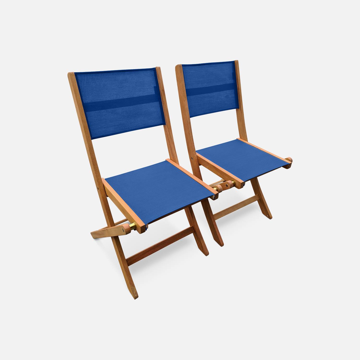 Ausziehbare Gartengarnitur aus Holz - Almeria - Großer Tisch 180/240 cm mit Verlängerung, 2 Sesseln und 6 Stühlen aus geöltem FSC-Eukalyptusholz und nachtblauem Textilene Photo6