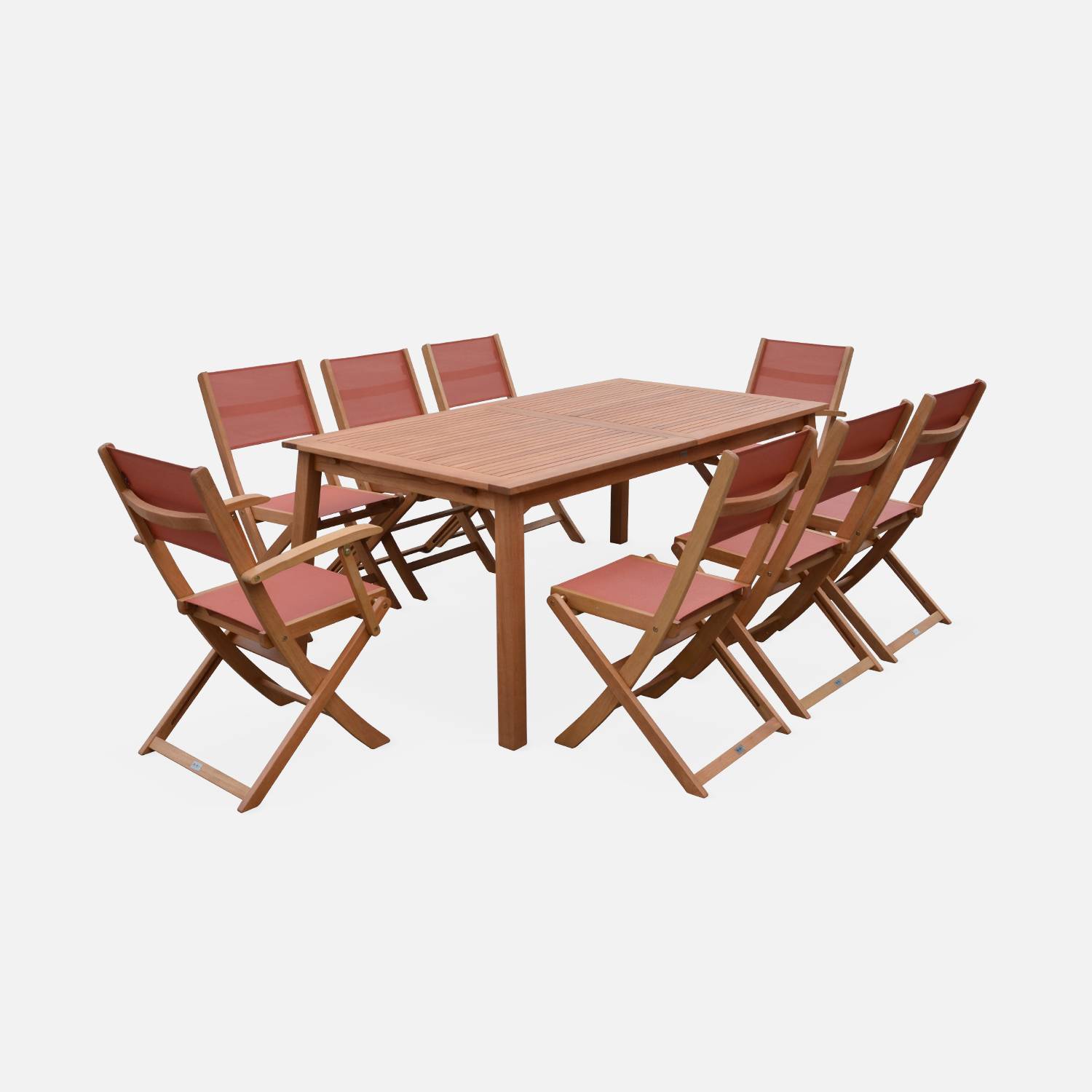 8-seater garden dining set, extendable 180-240cm FSC-eucalyptus wooden table, 6 chairs and 2 armchairs - Almeria 8 - Terracotta textilene seats Photo4
