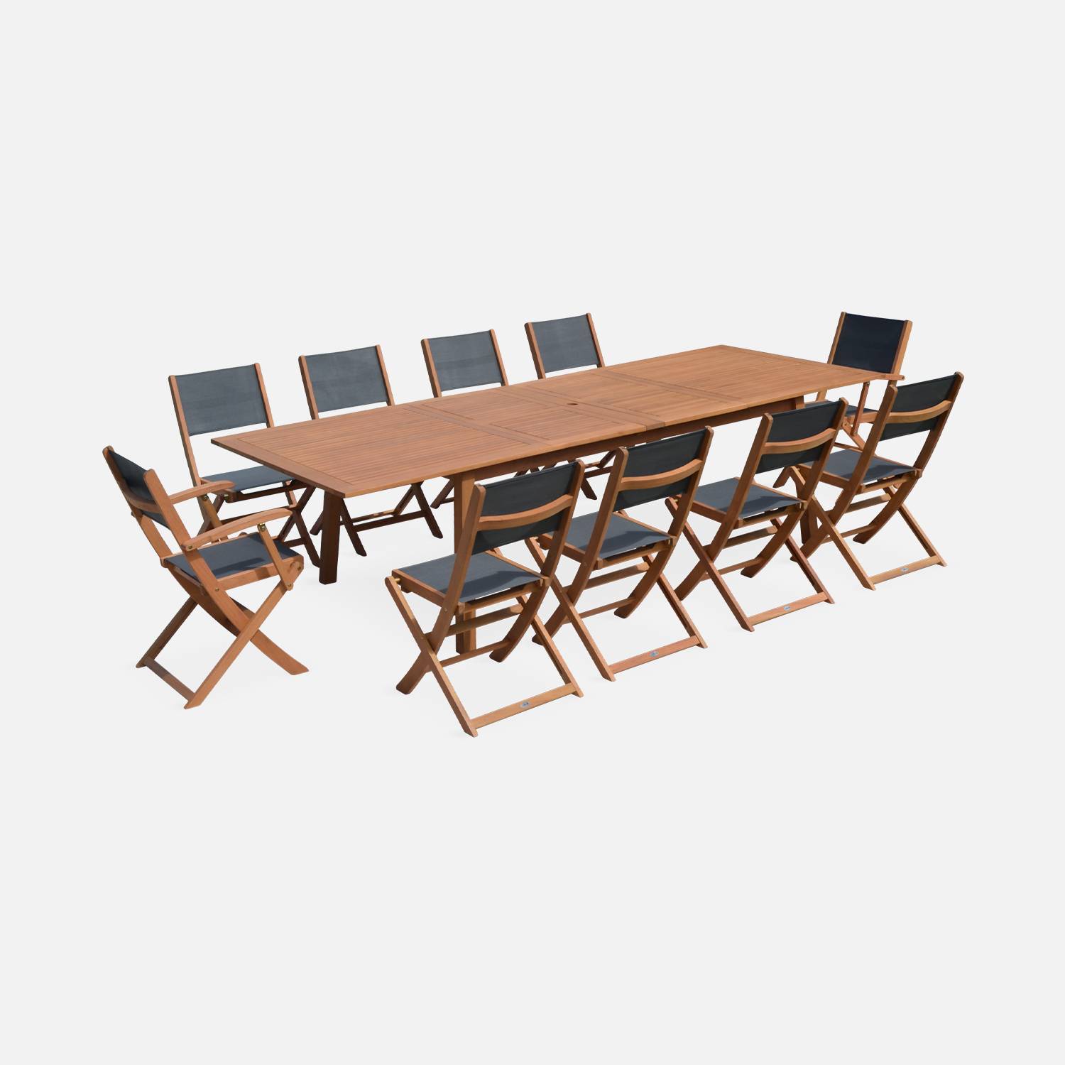 Salon de jardin en bois extensible - Almeria  table 200/250/300cm avec 2 rallonges, 2 fauteuils et 8 chaises, en bois d'Eucalyptus FSC huilé et textilène gris anthracite Photo1