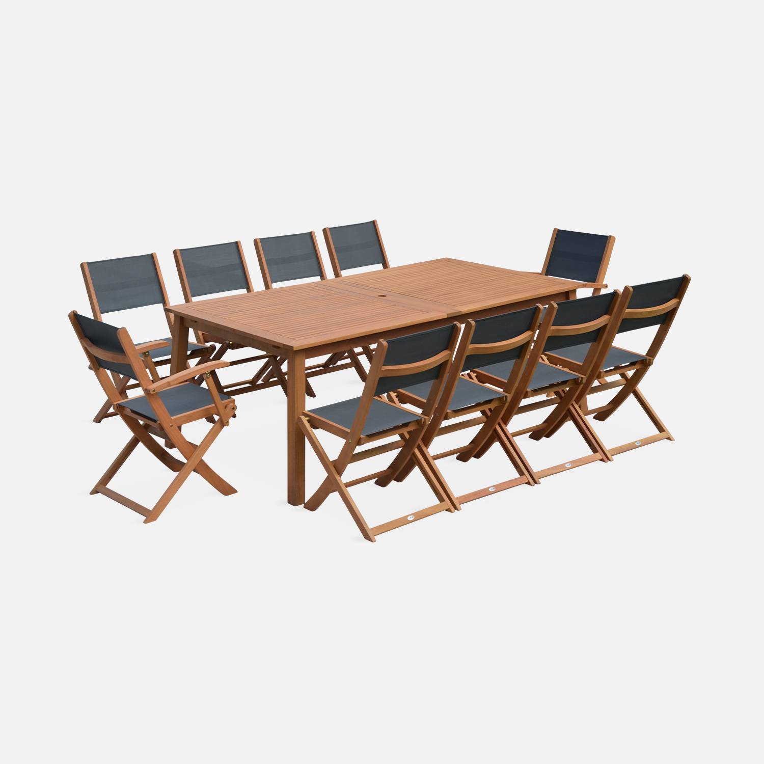 Salon de jardin en bois extensible - Almeria  table 200/250/300cm avec 2 rallonges, 2 fauteuils et 8 chaises, en bois d'Eucalyptus FSC huilé et textilène gris anthracite Photo3