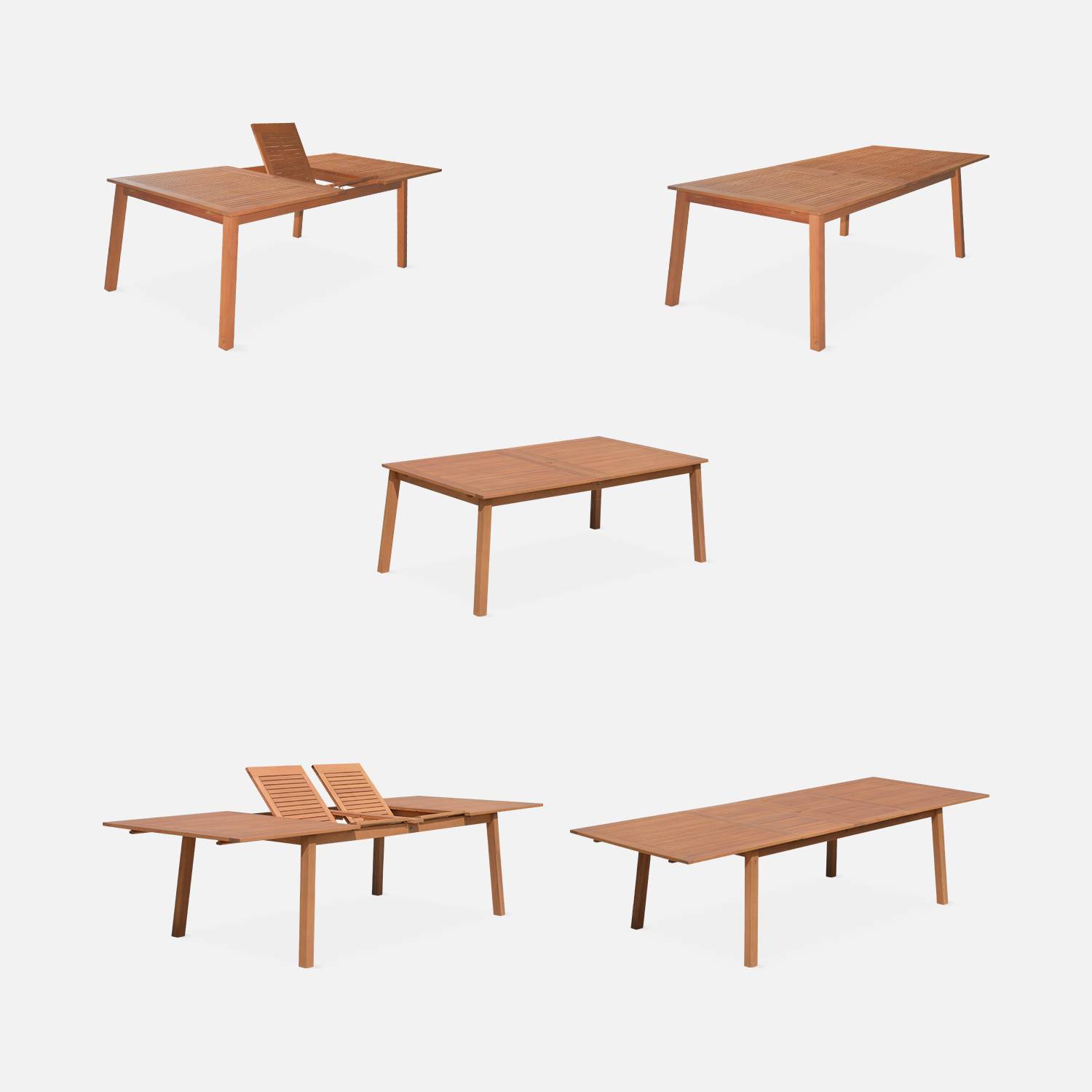 Salon de jardin en bois extensible - Almeria  table 200/250/300cm avec 2 rallonges, 2 fauteuils et 8 chaises, en bois d'Eucalyptus FSC huilé et textilène bleu nuit Photo3