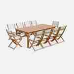 Ausziehbare Gartenmöbel aus Holz - Almeria Tisch 200/250/300cm mit 2 Verlängerungen, 2 Sesseln und 8 Stühlen, aus geöltem FSC Eukalyptusholz und weißem Textilene Photo1