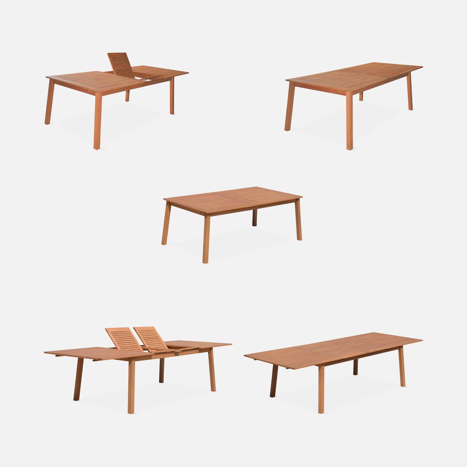 Ausziehbare Gartenmöbel aus Holz - Almeria Tisch 200/250/300cm mit 2 Verlängerungen, 2 Sesseln und 8 Stühlen, aus geöltem FSC Eukalyptusholz und weißem Textilene Photo3
