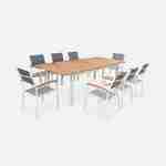 Set di mobili da giardino allungabili in legno e alluminio - Sevilla - 200/250 cm con estensione, 8 sedie, in alluminio, legno di eucalipto FSC oliato e textilene bianco tortora Photo2