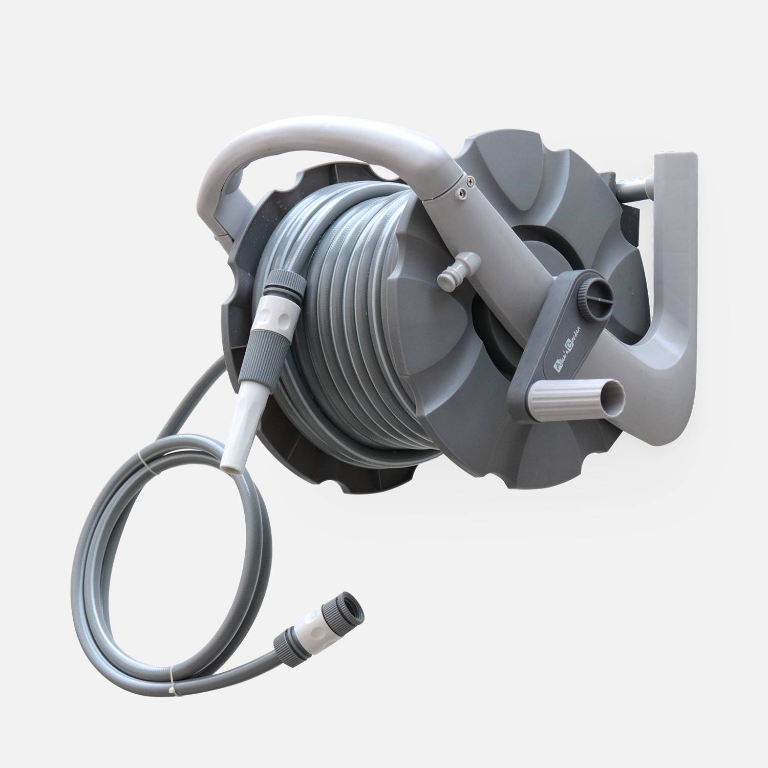 Muurhaspel mini 20m, slanghaspel met tuinslang, aansluiting en spuitlans meegeleverd Photo1