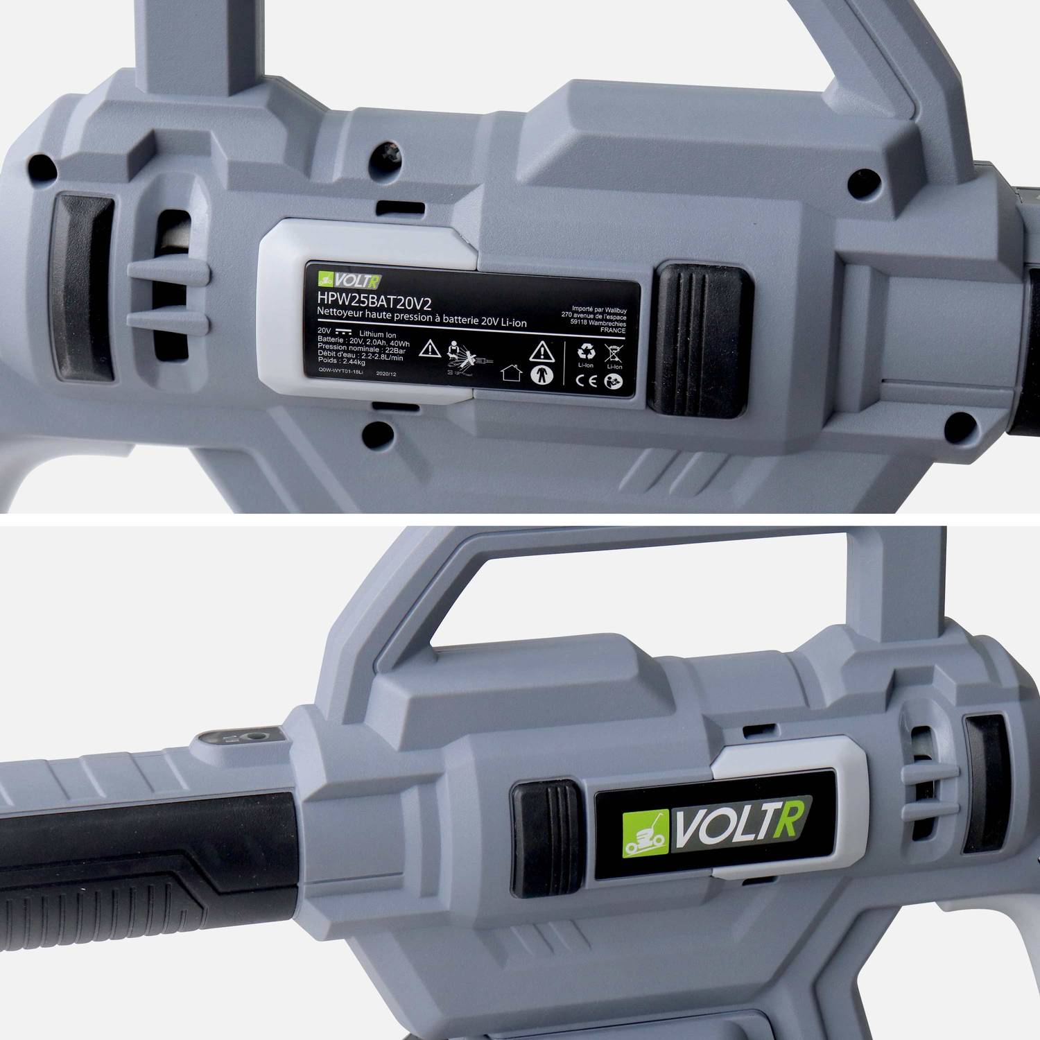 VOLTR - Pistola de lavado a presión de 25 bar con batería de 20V - juego completo de accesorios que incluye cepillo, boquilla de pulverización variable, depósito de detergente, batería y cargador    Photo6
