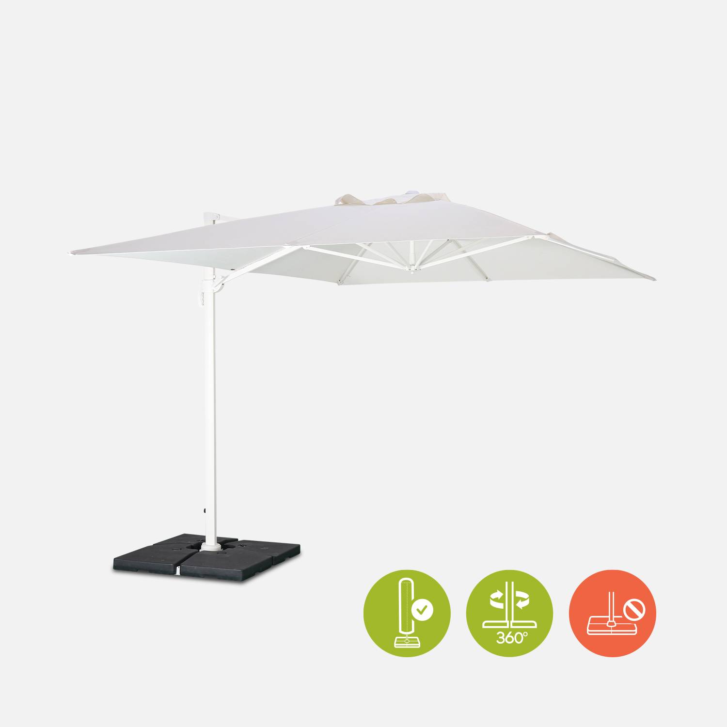 Parasol déporté rectangulaire 3x4m haut de gamme - St. Jean de Luz - Blanc - Parasol excentré inclinable, rabattable et rotatif à 360°. Photo3 Parasol déporté rectangulaire 3x4m haut de gamme - St. Jean de Luz - Blanc - Parasol excentré inclinable, rabattable et rotatif à 360°. Photo3