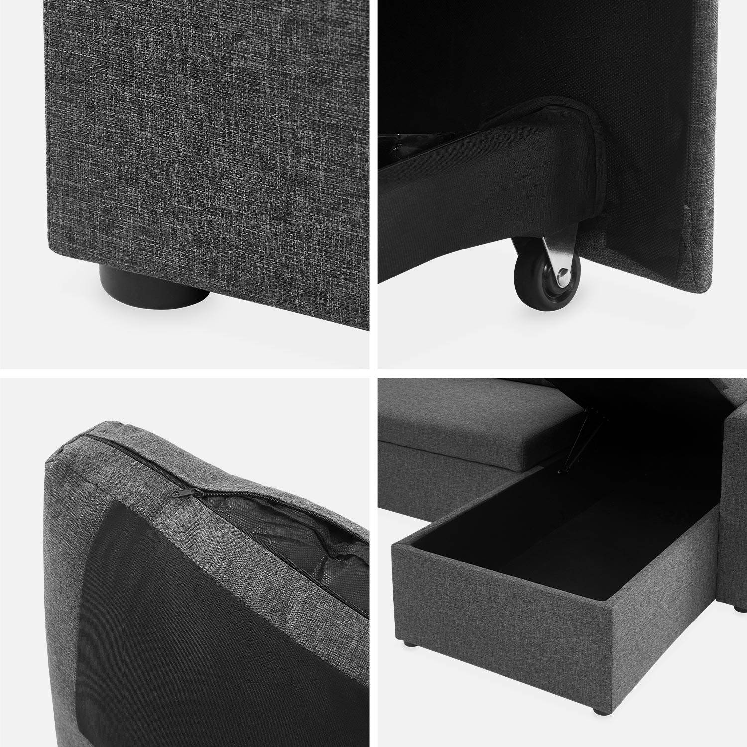 Canapé panoramique convertible en tissu gris foncé, 4 places, coffre rangement, lit modulable  Photo8
