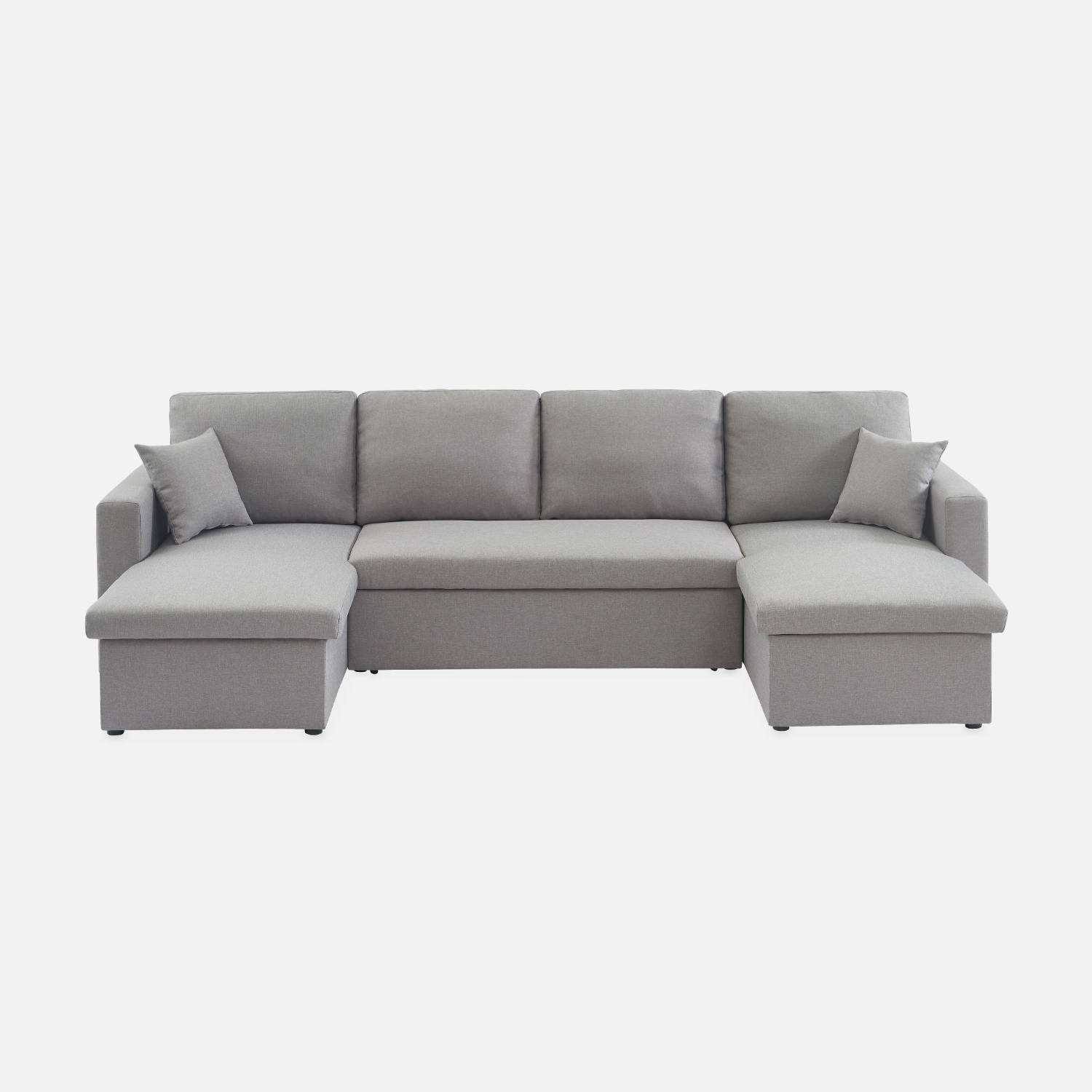Canapé panoramique convertible en tissu gris clair, 4 places, coffre rangement, lit modulable Photo7 Canapé panoramique convertible en tissu gris clair, 4 places, coffre rangement, lit modulable Photo7