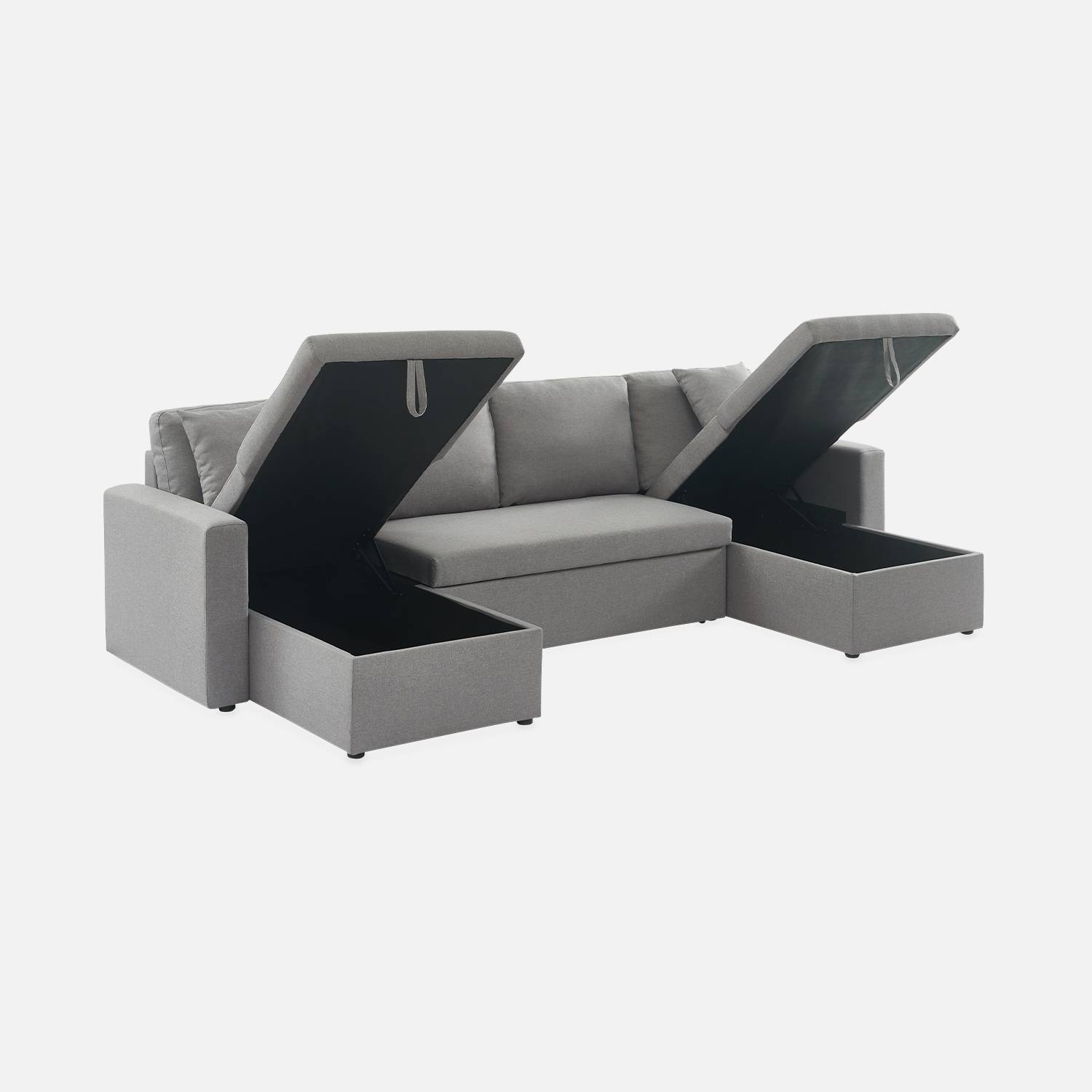 Canapé panoramique convertible en tissu gris clair, 4 places, coffre rangement, lit modulable  Photo9