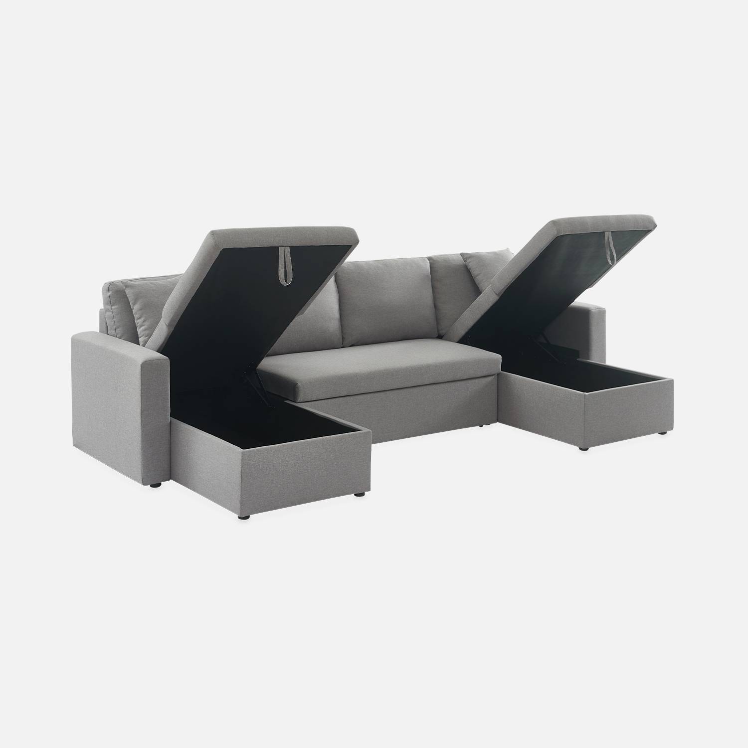 Canapé panoramique convertible en tissu gris clair, 4 places, coffre rangement, lit modulable Photo9 Canapé panoramique convertible en tissu gris clair, 4 places, coffre rangement, lit modulable Photo9