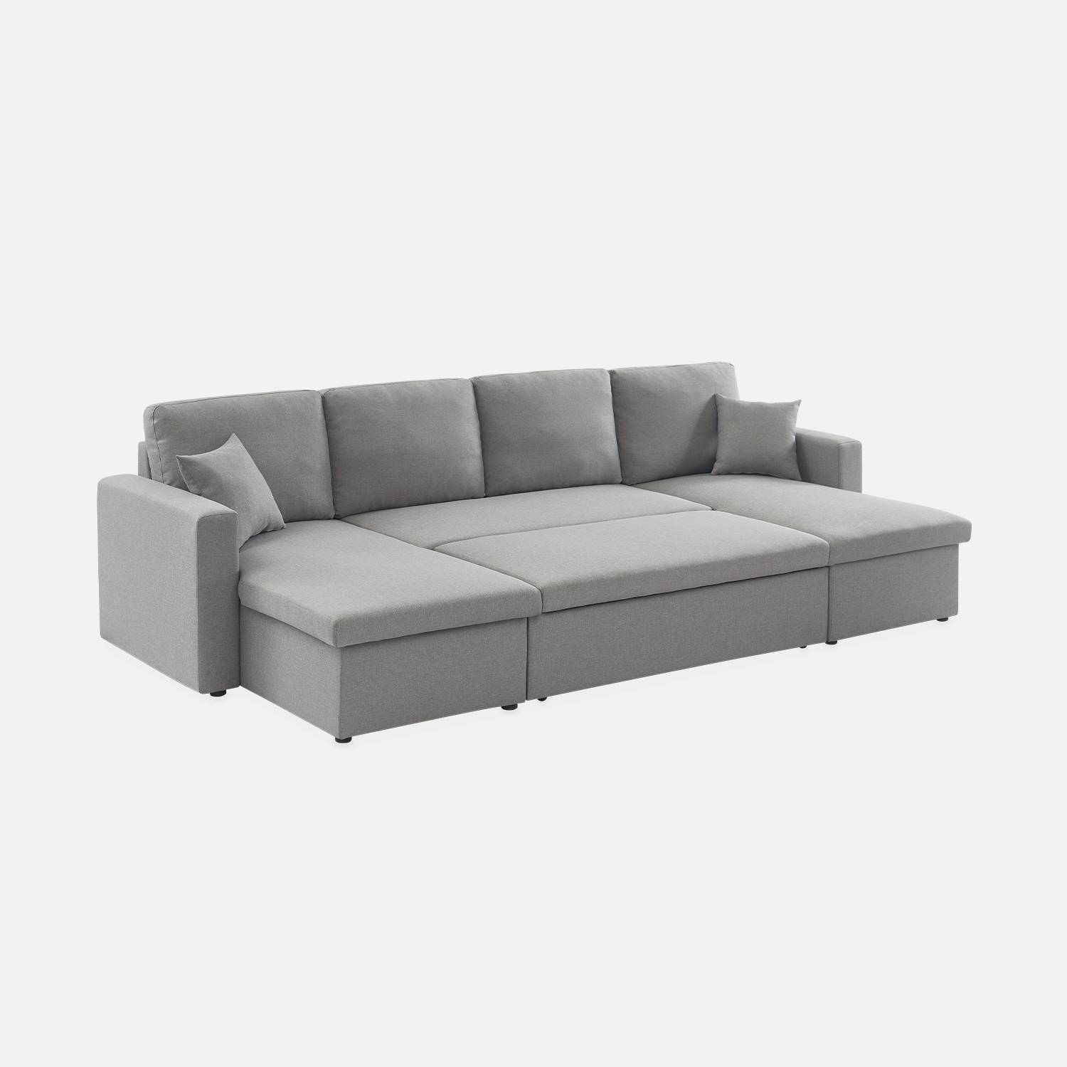 Canapé panoramique convertible en tissu gris clair, 4 places, coffre rangement, lit modulable Photo10 Canapé panoramique convertible en tissu gris clair, 4 places, coffre rangement, lit modulable Photo10