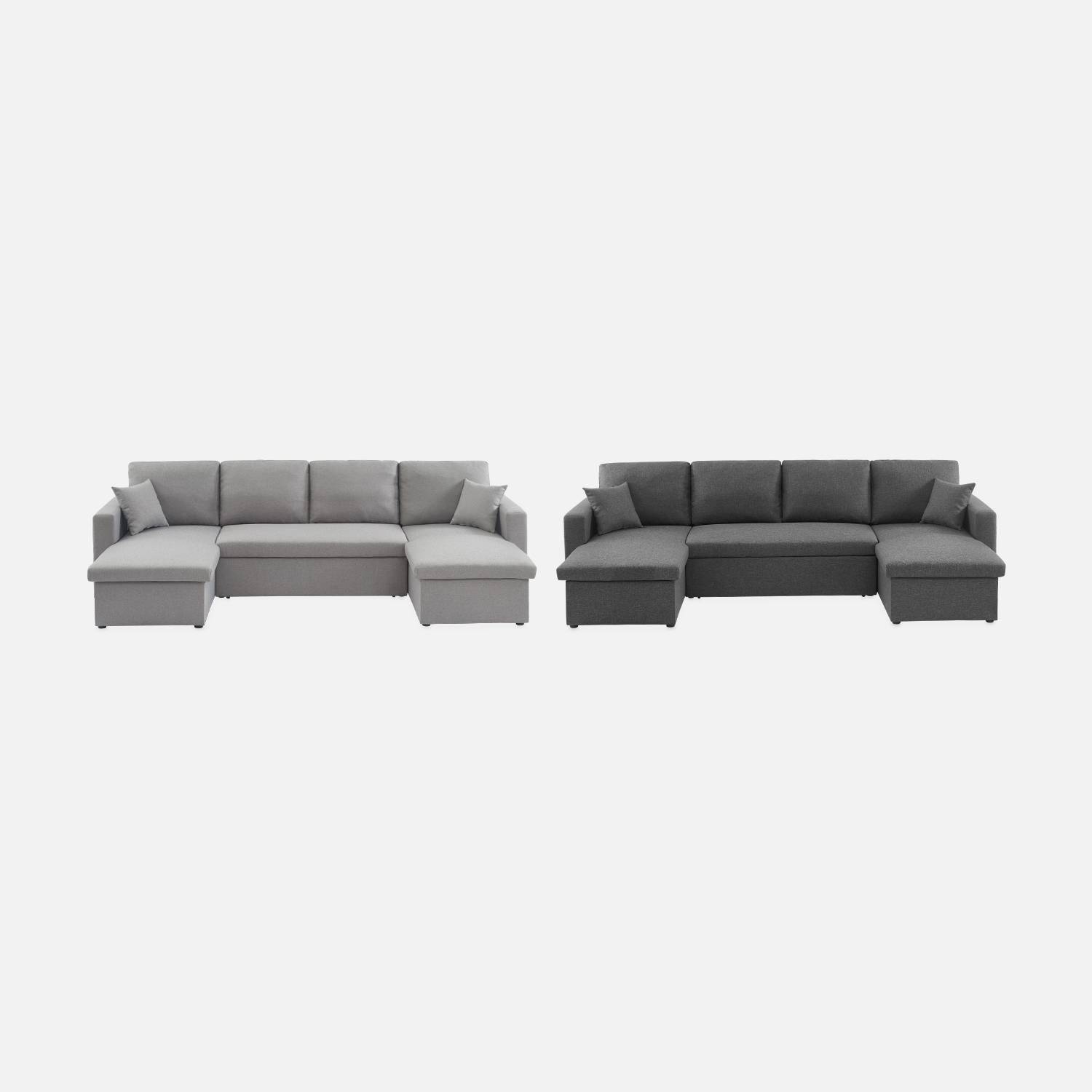 Canapé panoramique convertible en tissu gris clair, 4 places, coffre rangement, lit modulable Photo12 Canapé panoramique convertible en tissu gris clair, 4 places, coffre rangement, lit modulable Photo12