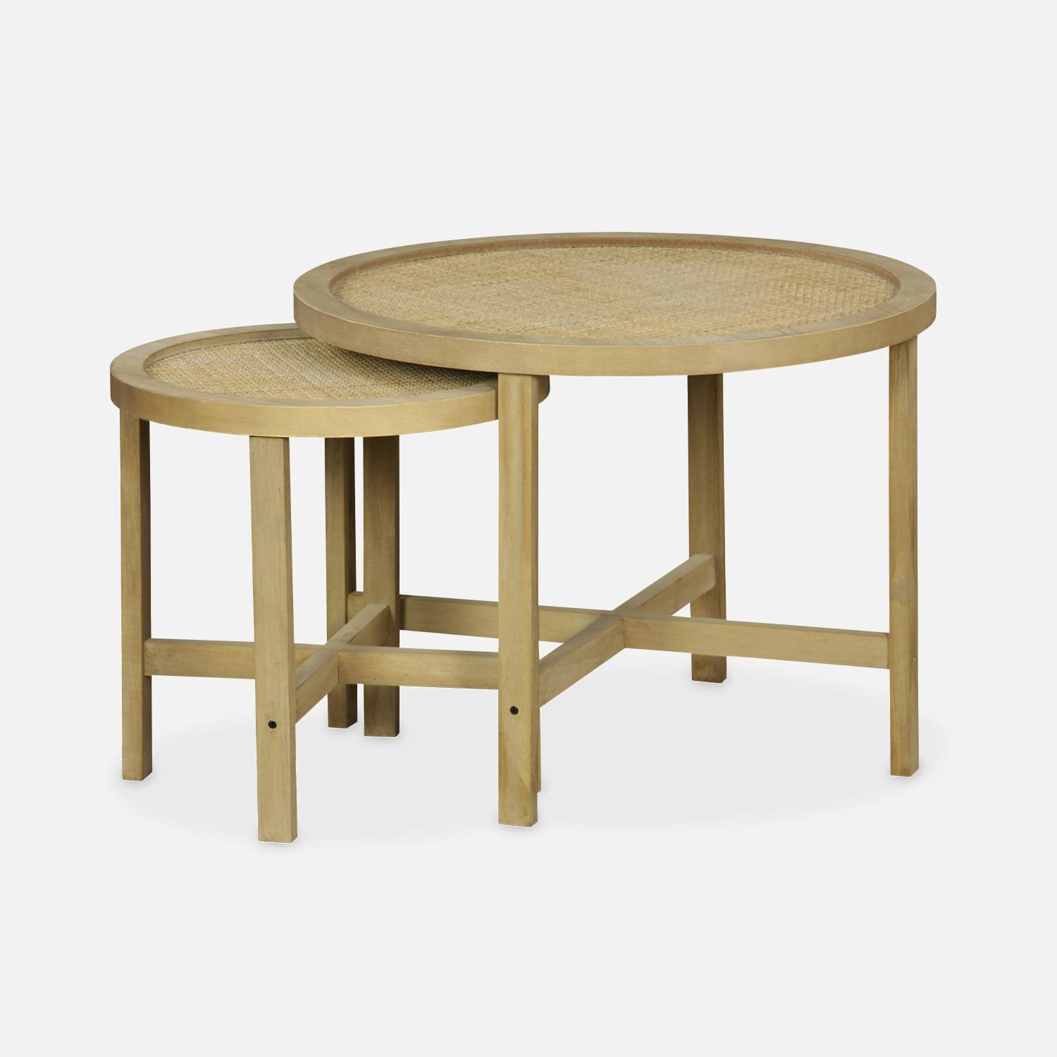 Lote de 2 mesas nido redondas con estructura de madera de abeto y efecto caña - encastrable, Ø60 x A 45cm / Ø40 x A 40cm- Olivia Photo3 Lote de 2 mesas nido redondas con estructura de madera de abeto y efecto caña - encastrable, Ø60 x A 45cm / Ø40 x A 40cm- Olivia Photo3