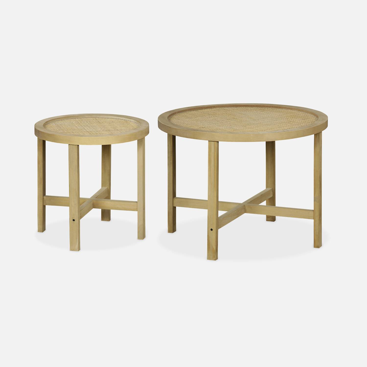 Lote de 2 mesas nido redondas con estructura de madera de abeto y efecto caña - encastrable, Ø60 x A 45cm / Ø40 x A 40cm- Olivia Photo5 Lote de 2 mesas nido redondas con estructura de madera de abeto y efecto caña - encastrable, Ø60 x A 45cm / Ø40 x A 40cm- Olivia Photo5