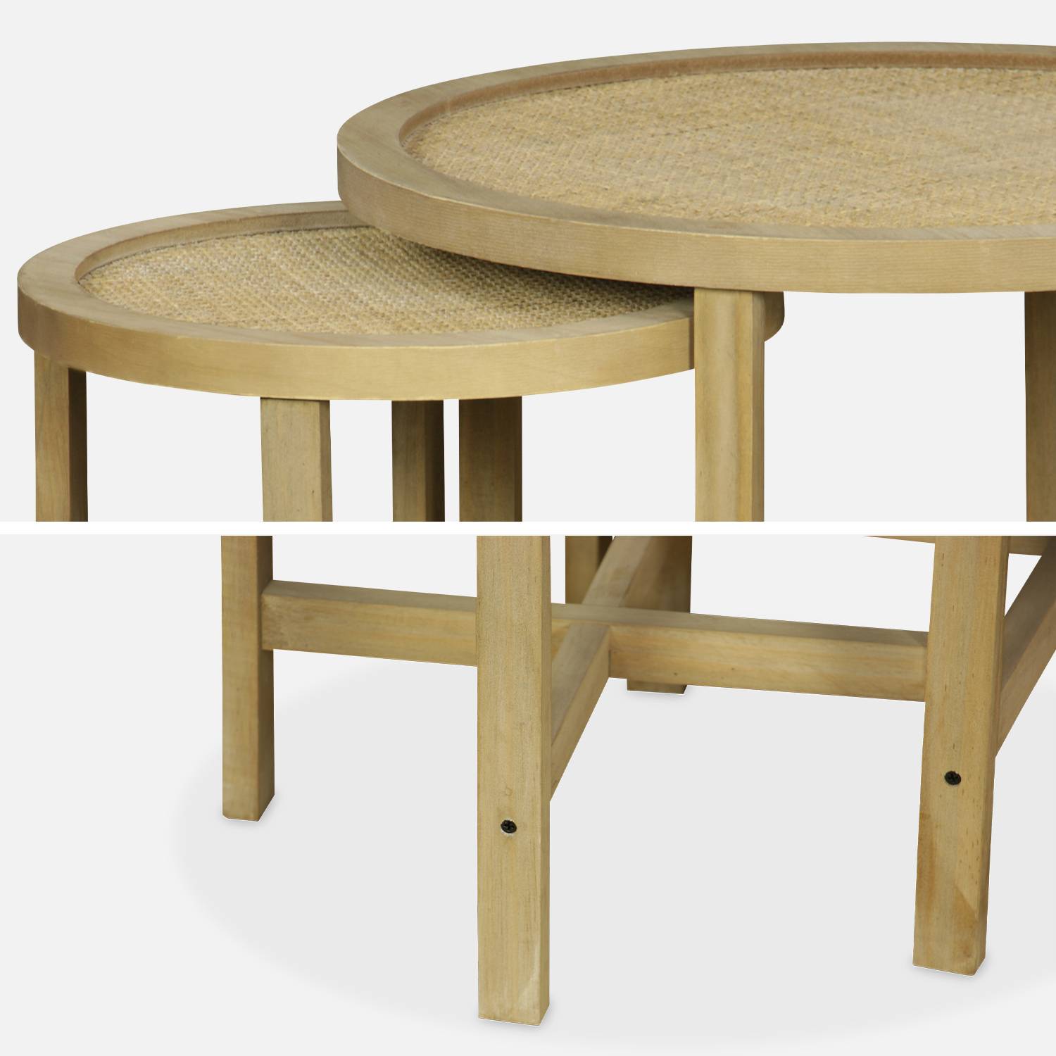 Lote de 2 mesas nido redondas con estructura de madera de abeto y efecto caña - encastrable, Ø60 x A 45cm / Ø40 x A 40cm- Olivia Photo7 Lote de 2 mesas nido redondas con estructura de madera de abeto y efecto caña - encastrable, Ø60 x A 45cm / Ø40 x A 40cm- Olivia Photo7
